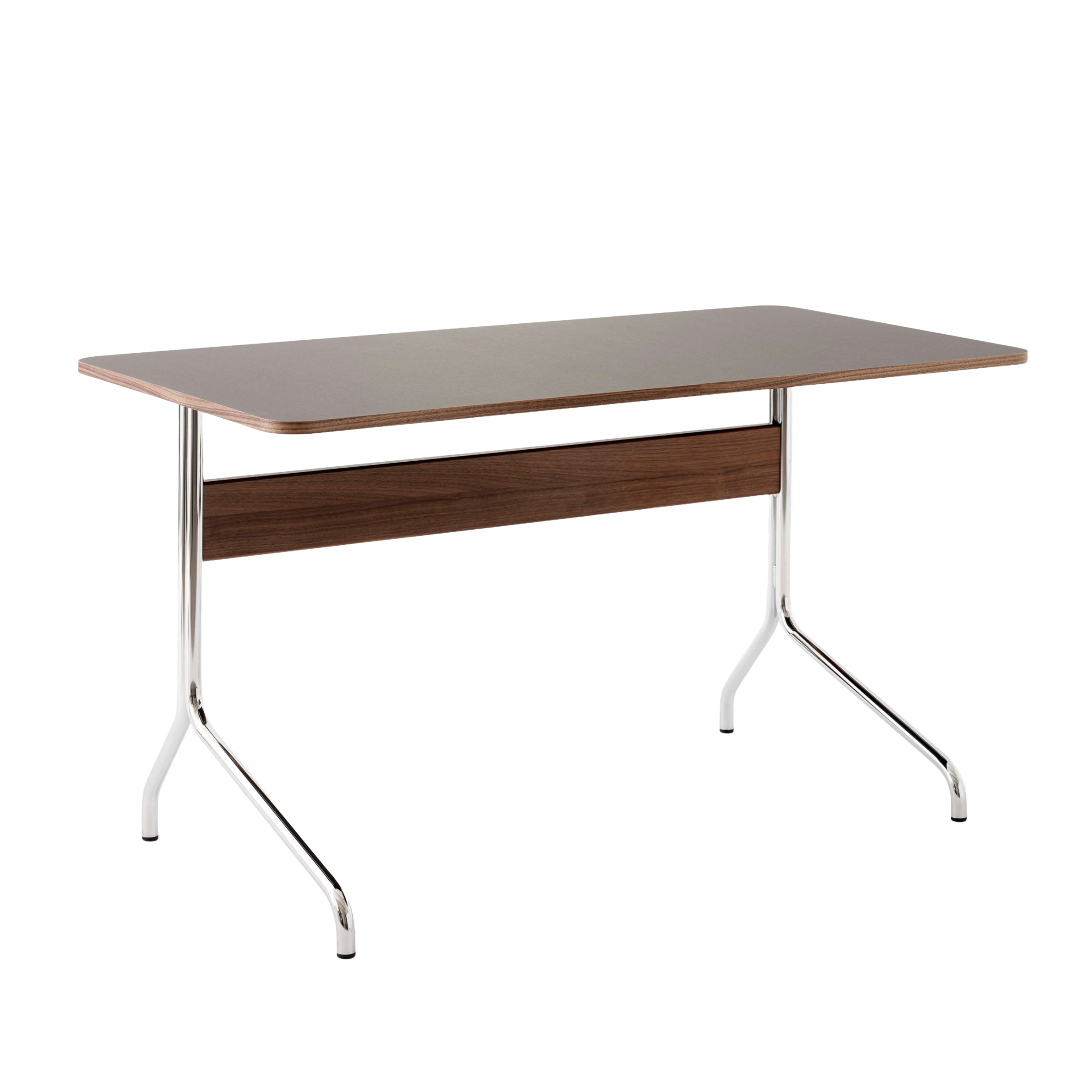 PAVILION desk with a graphite linoleum top, walnut finish, and steel base