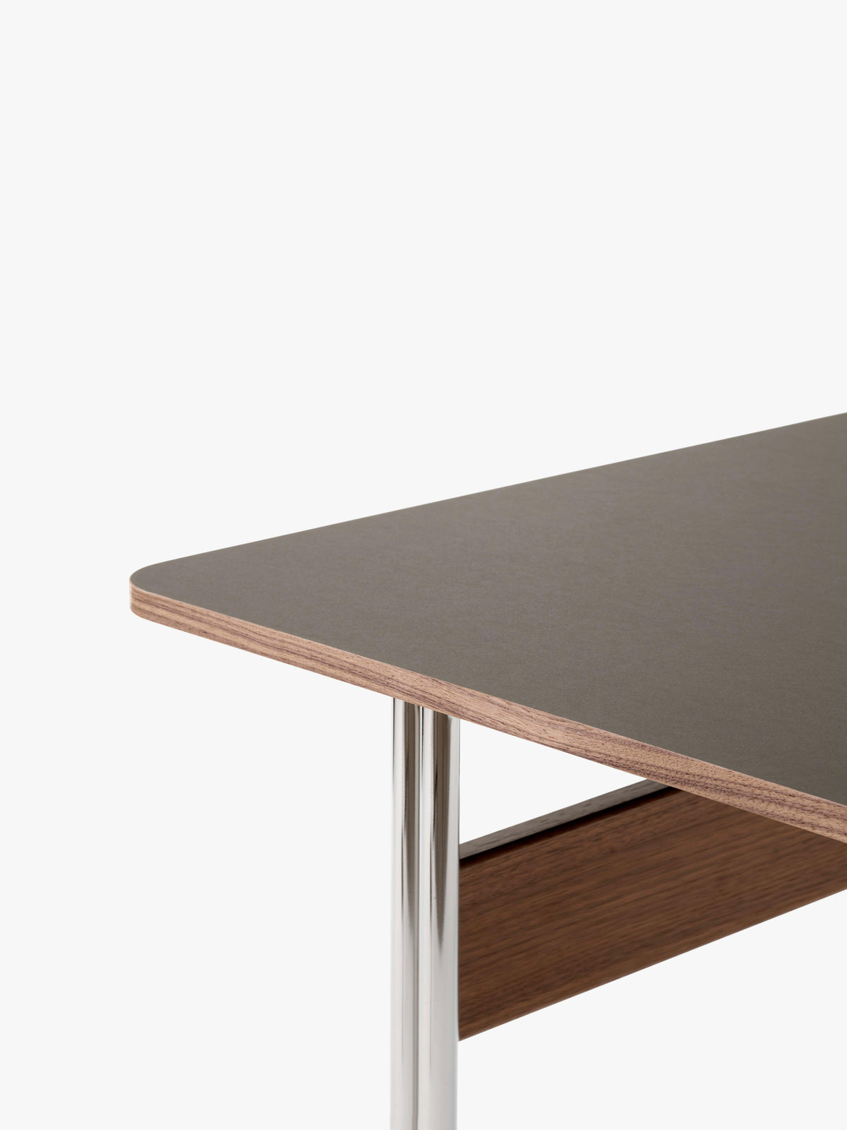 PAVILION desk with a graphite linoleum top, walnut finish, and steel base