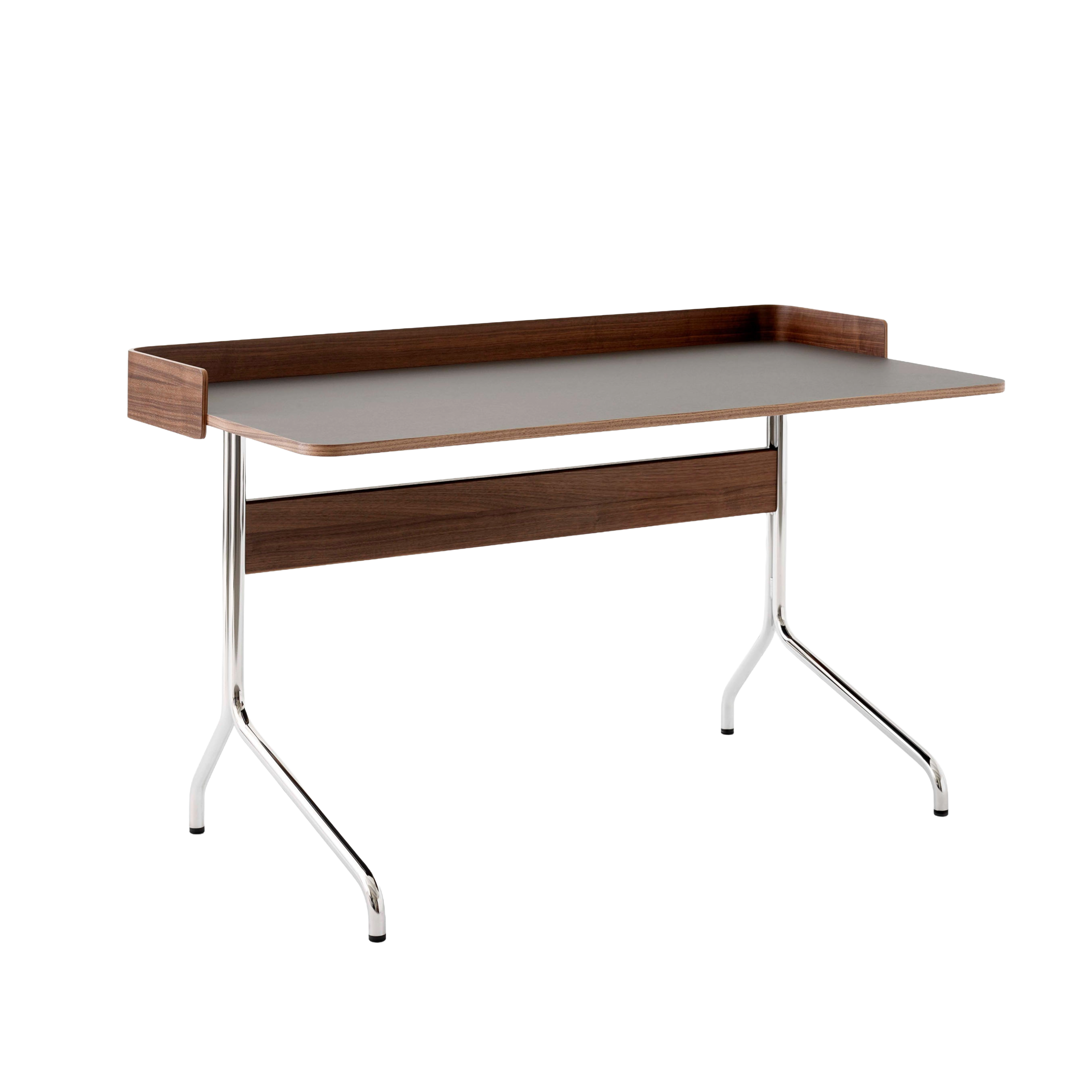 PAVILION desk with a graphite linoleum top, walnut finish, and steel base