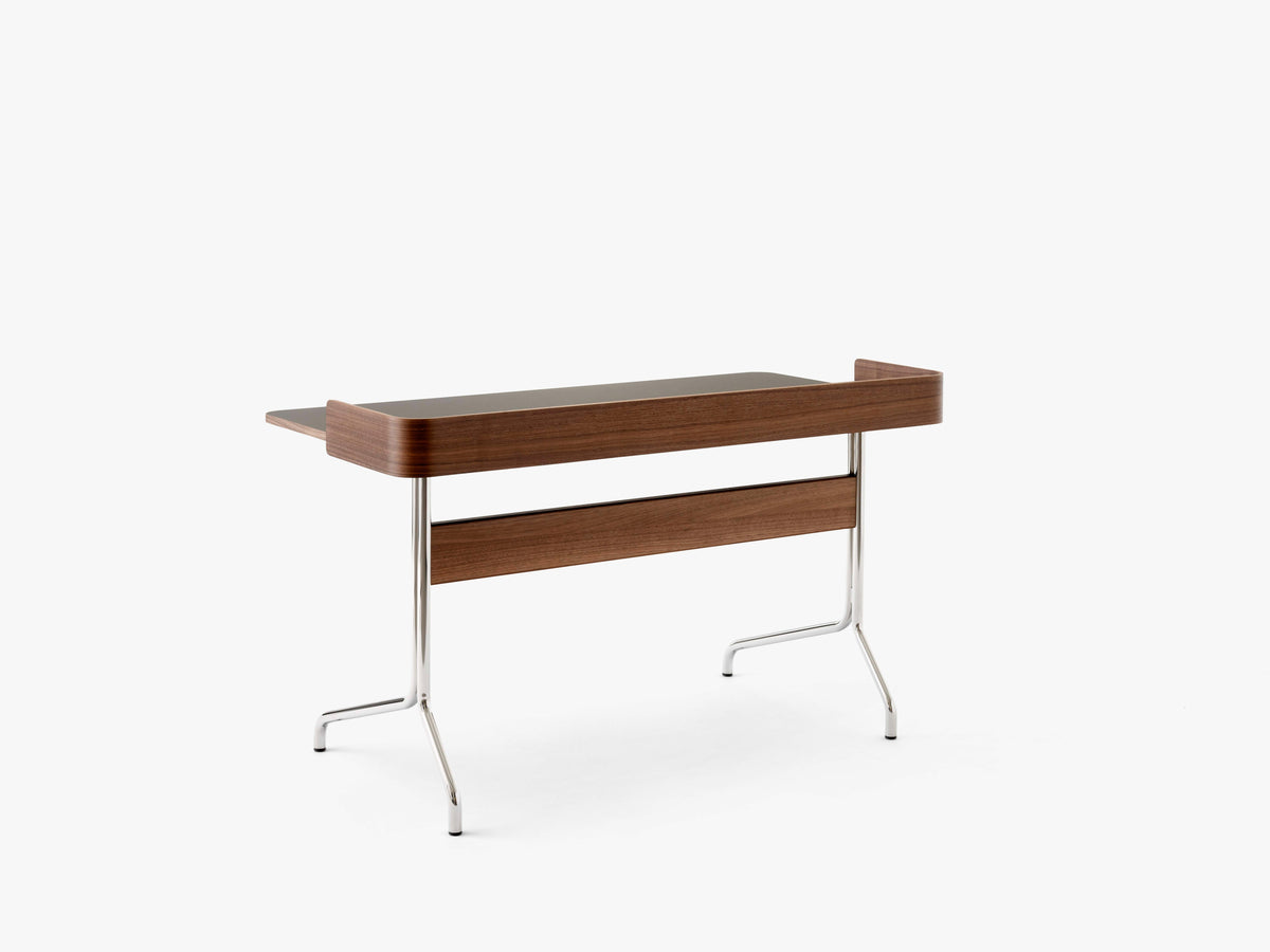PAVILION desk with a graphite linoleum top, walnut finish, and steel base