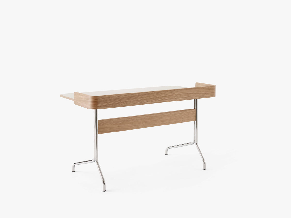 PAVILION desk with a beige linoleum top, oak finish, and steel base