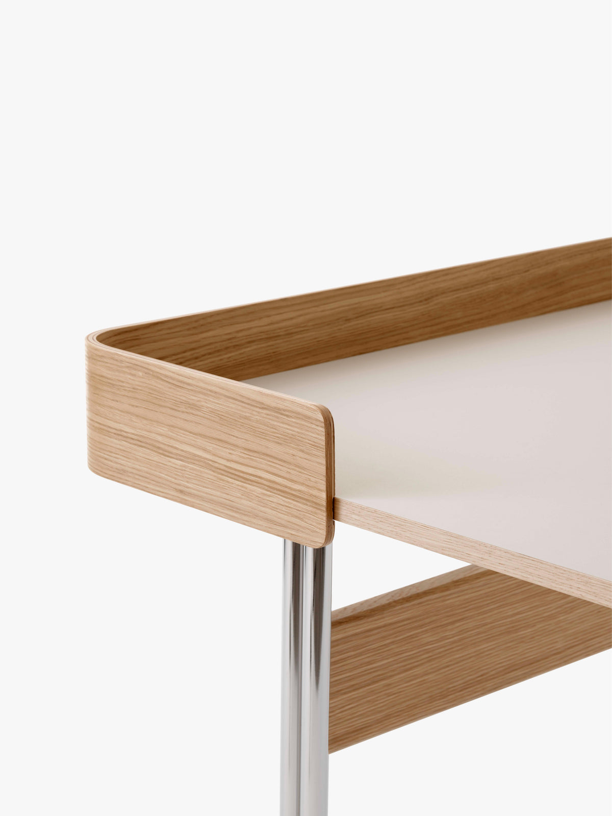 PAVILION desk with a beige linoleum top, oak finish, and steel base