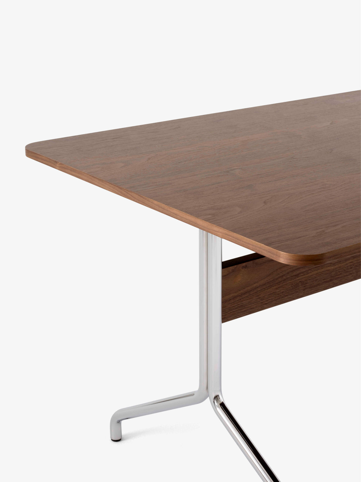 PAVILION table in walnut finish with a chrome base