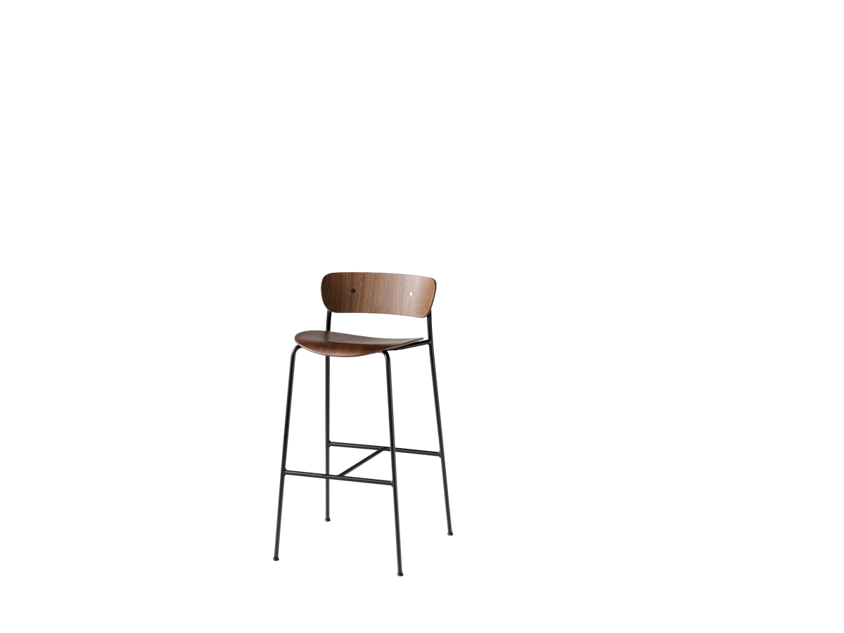 PAVILION Bar Stool with Backrest, Lacquered Walnut and Black Steel Base