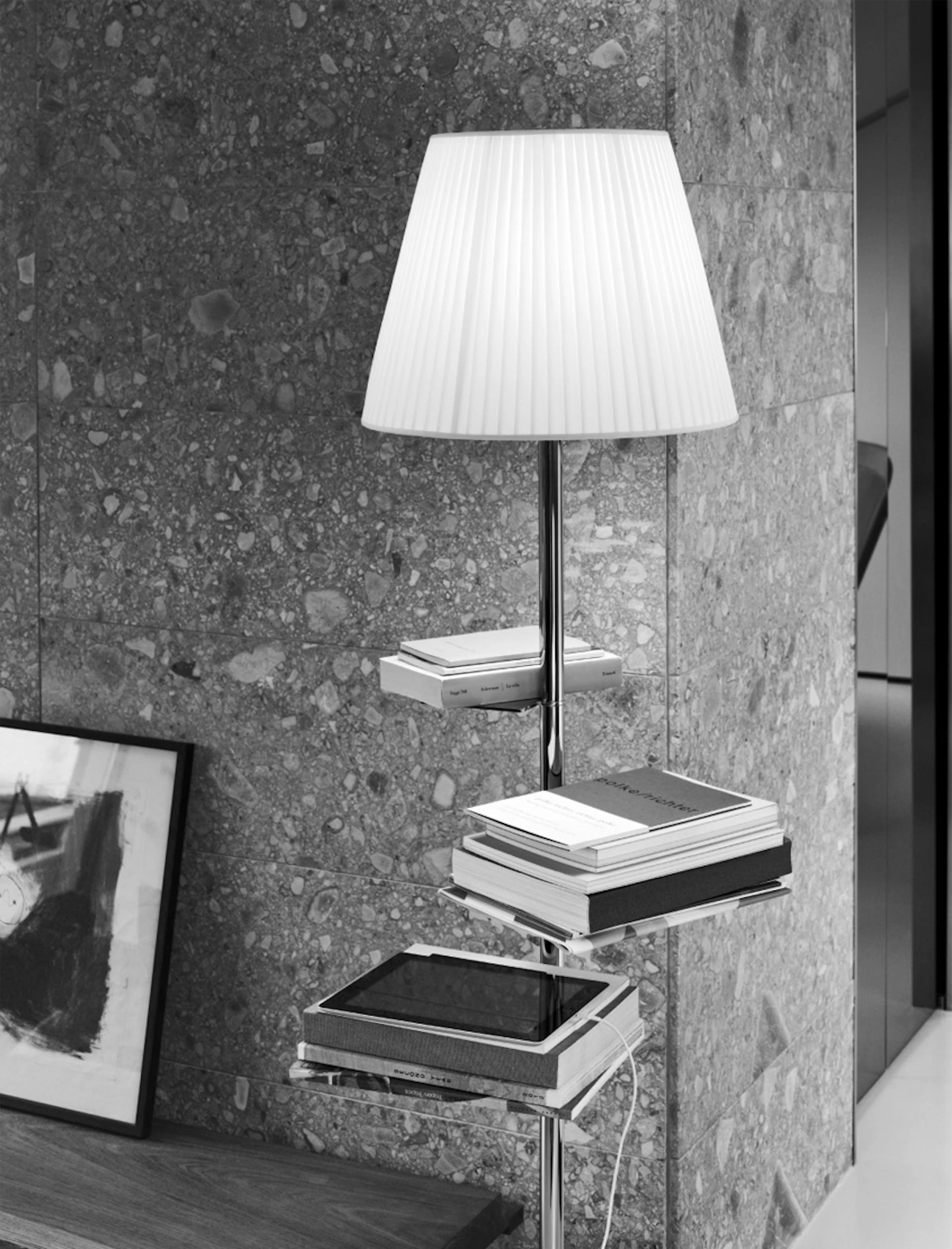 Floor lamp BIBLIOTHEQUE NATIONALE silver with fabric shade