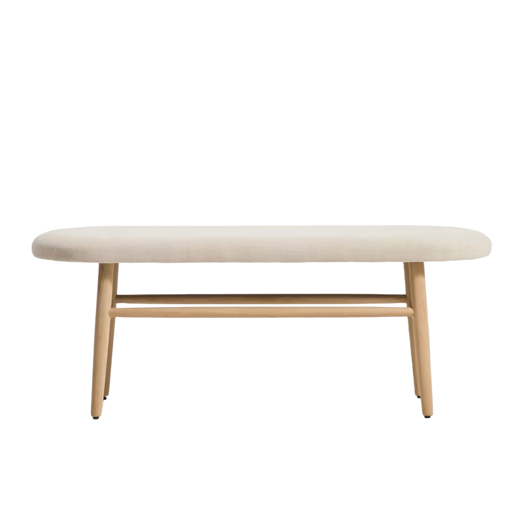 HELD bench in beige chenille with a veneered oak base