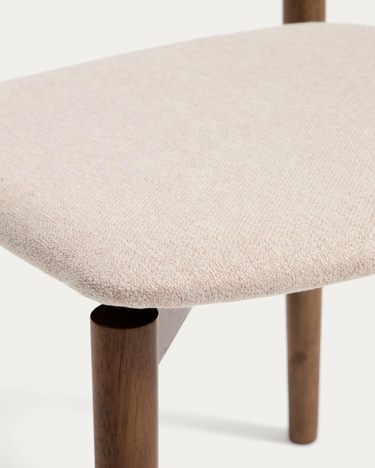 EVERA chair in beige chenille with a dark oak veneered base.