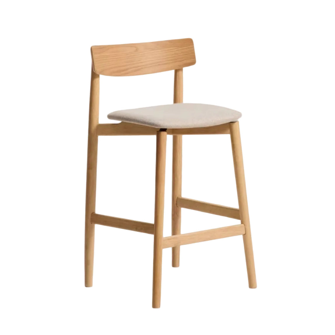 EVERA bar stool in beige chenille with a veneered oak base.
