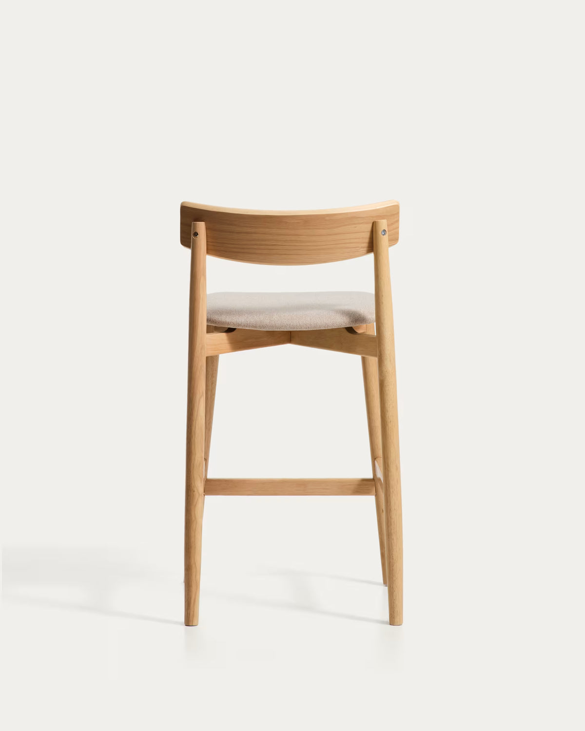 EVERA bar stool in beige chenille with a veneered oak base.