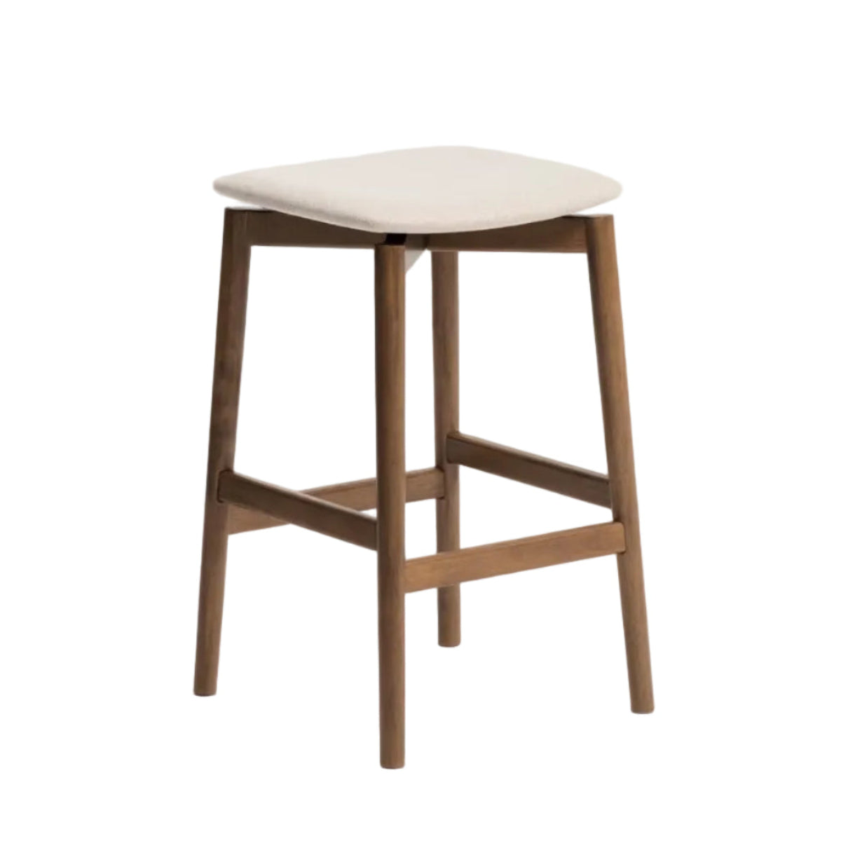 EVERA beige chenille stool with a dark veneered oak base