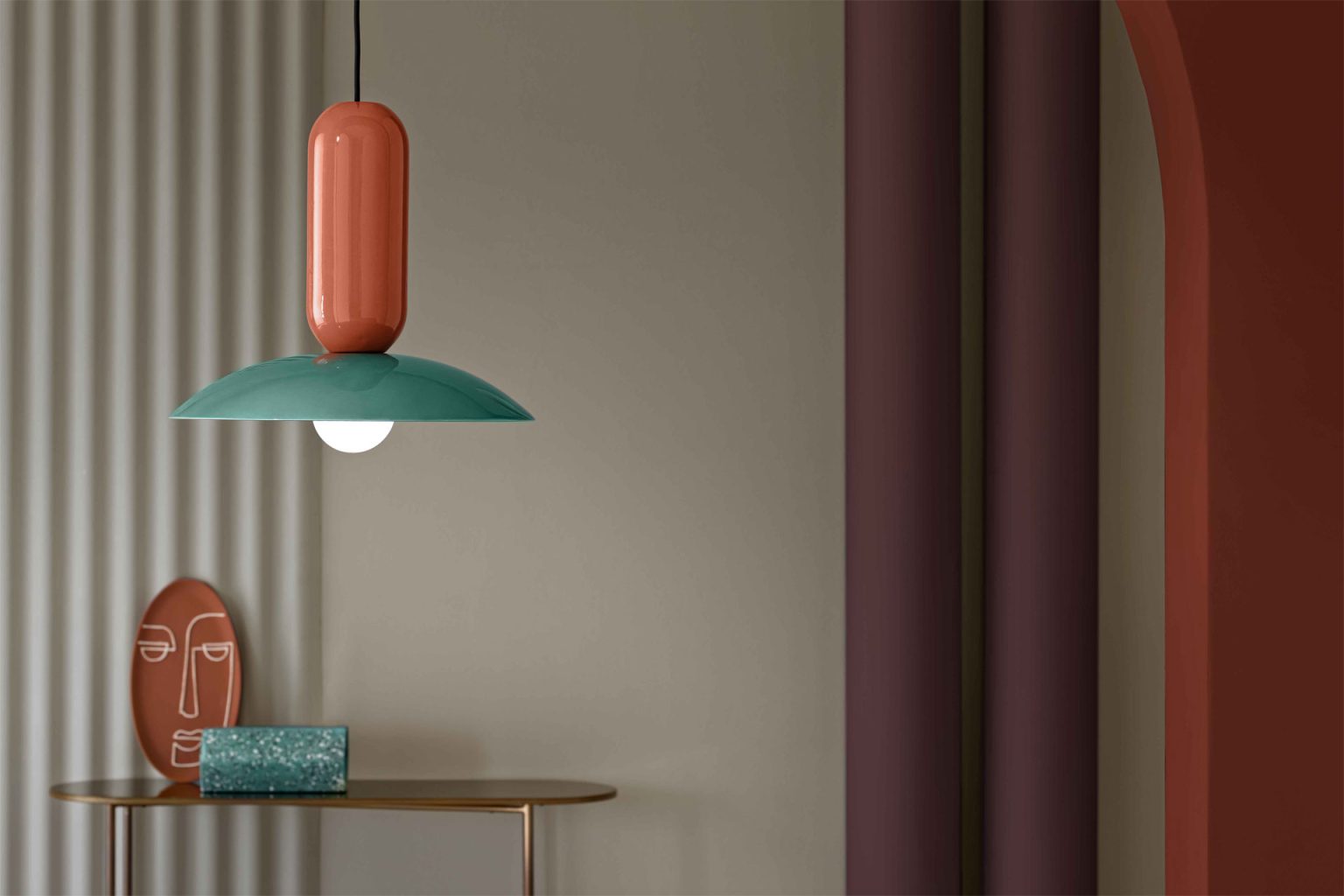 Ceramic pendant lamp PAU orange with turquoise