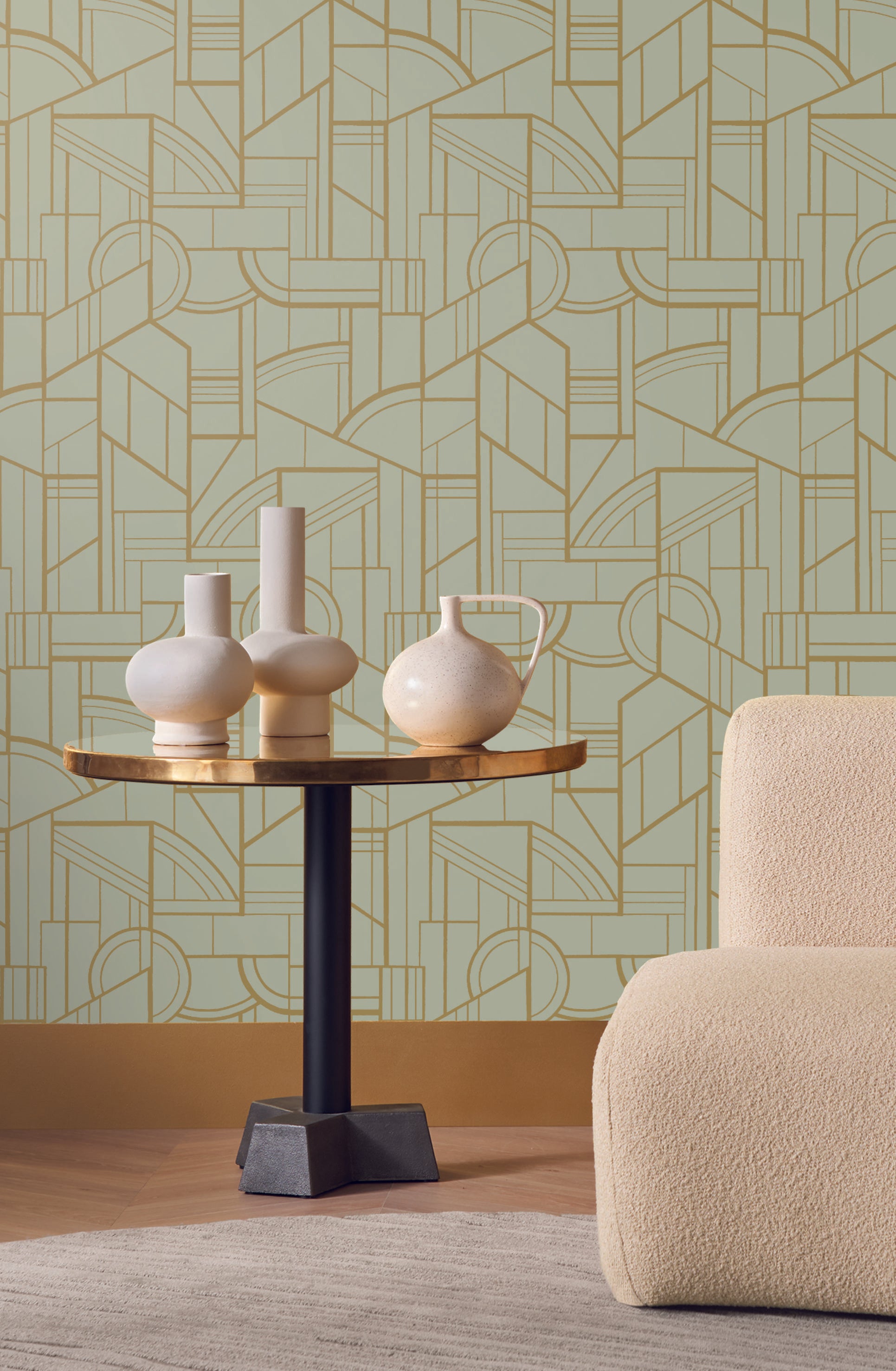 Metallic wallpaper with geometric pattern CINÉTIQUE - AQUA GREEN/GOLD