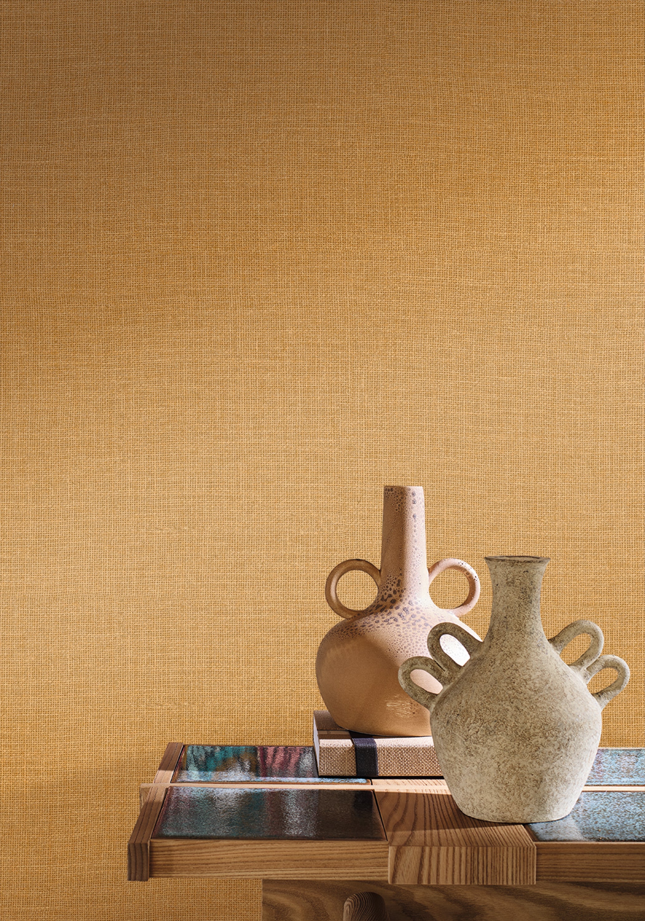 Structural vinyl wallpaper imitating jute LIENZO - CURRY curry yellow