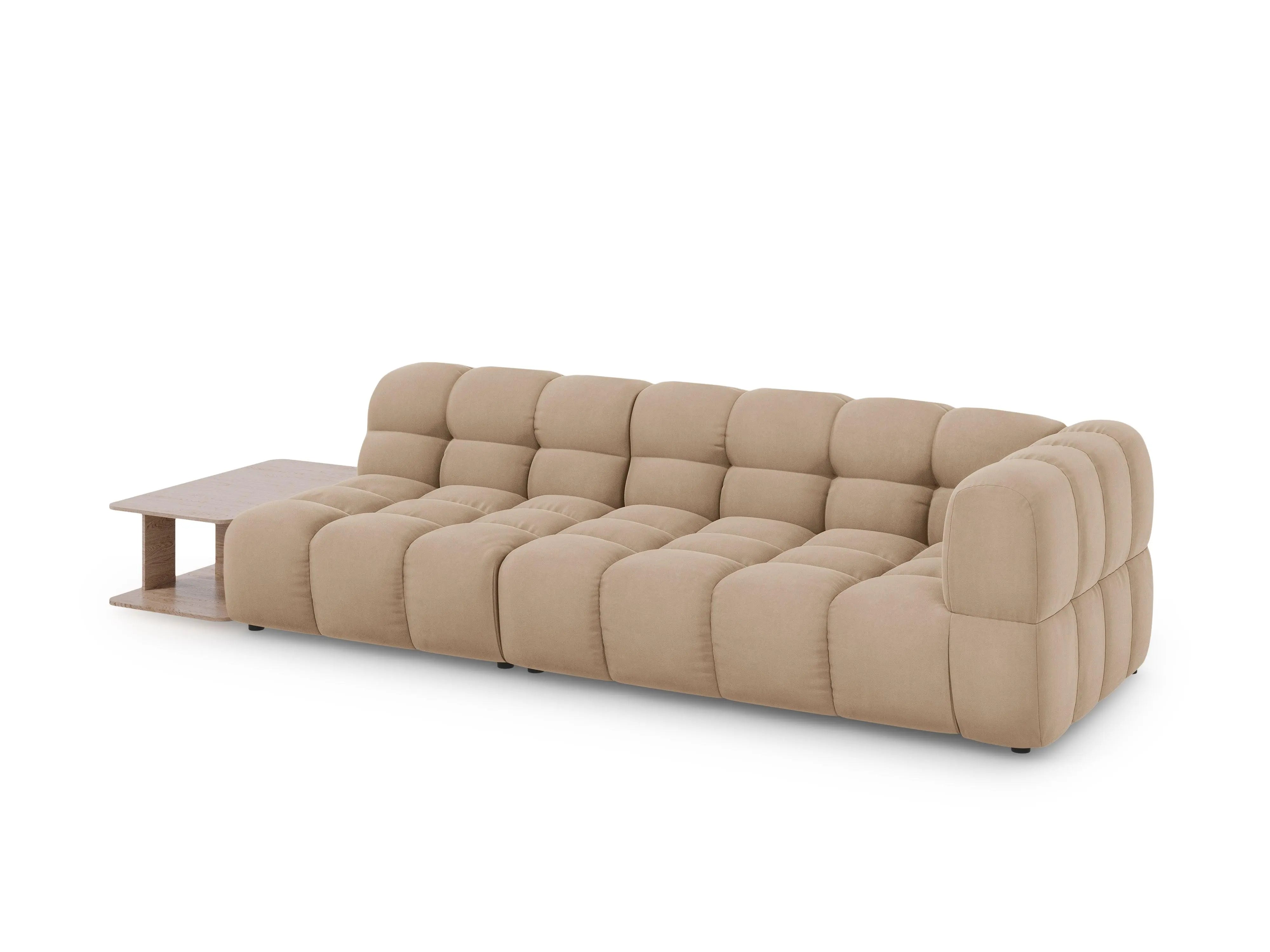 Sofa aksamitna lewostronna 4-osobowa otwarta ze stolikiem SKY piaskowy – Cosmopolitan Design