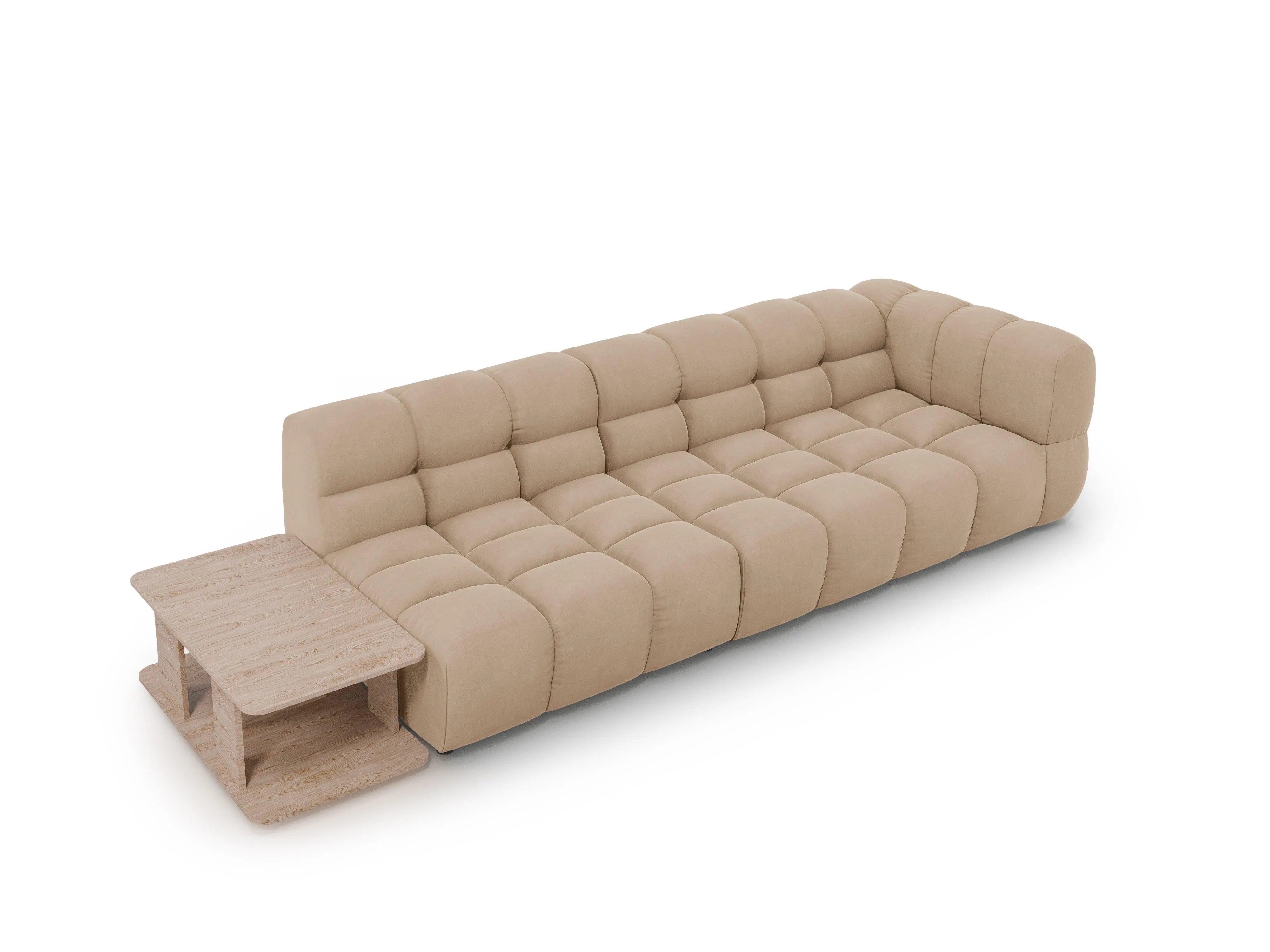 Sofa aksamitna lewostronna 4-osobowa otwarta ze stolikiem SKY piaskowy – Cosmopolitan Design