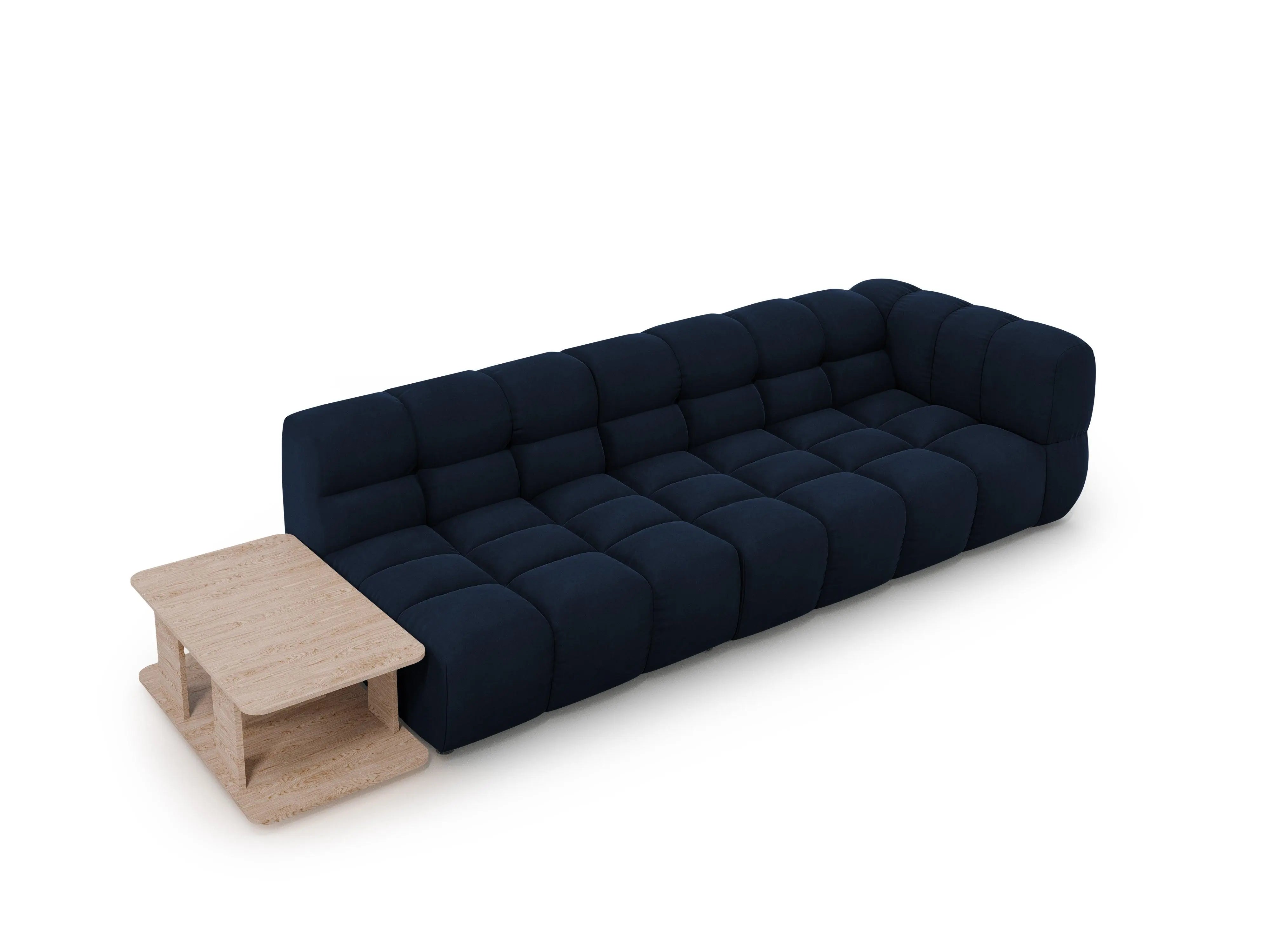 Sofa aksamitna lewostronna 4-osobowa otwarta ze stolikiem SKY granat królewski – Cosmopolitan Design