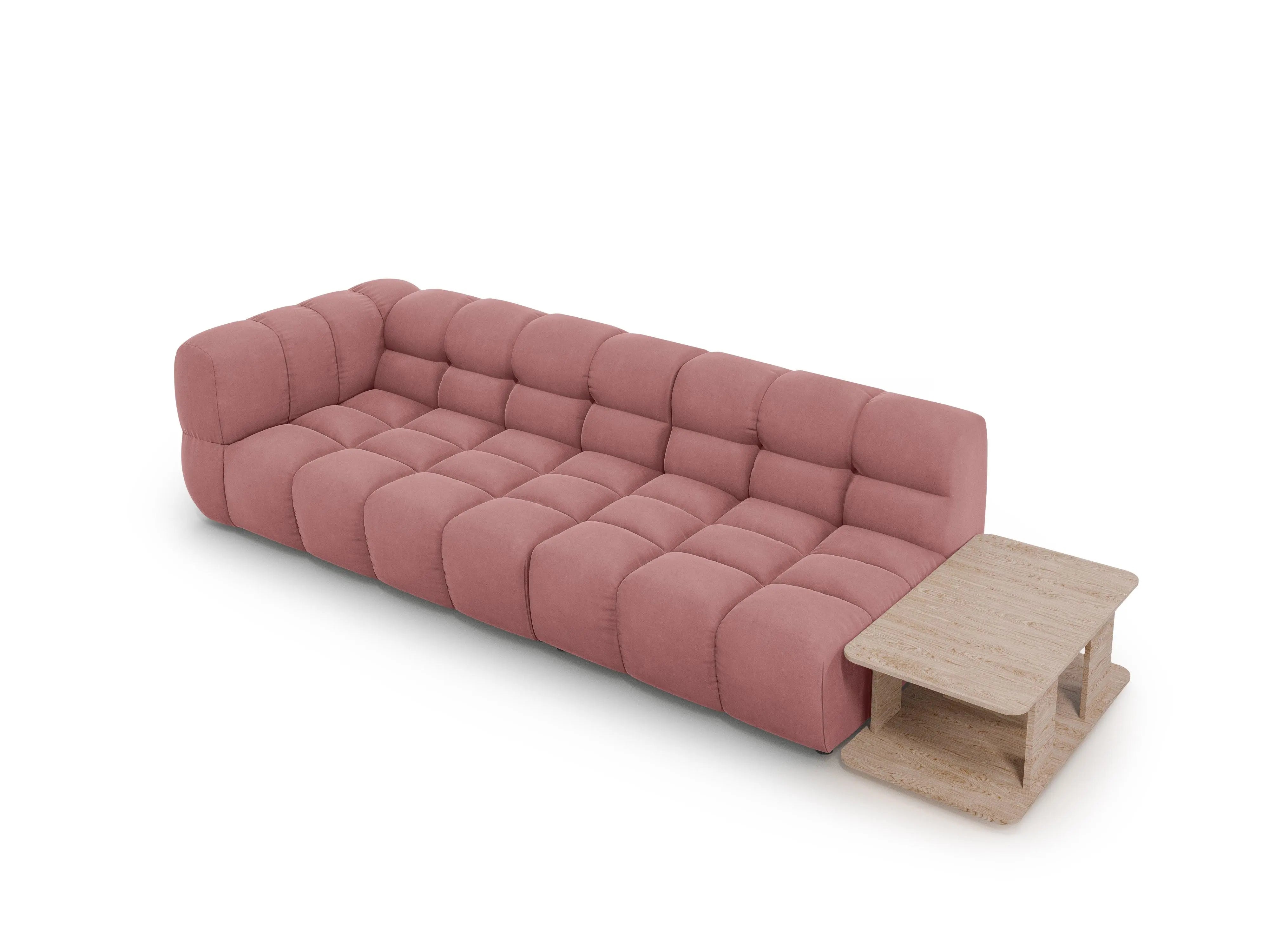 Sofa aksamitna prawostronna 4-osobowa otwarta ze stolikiem SKY łososiowy – Cosmopolitan Design