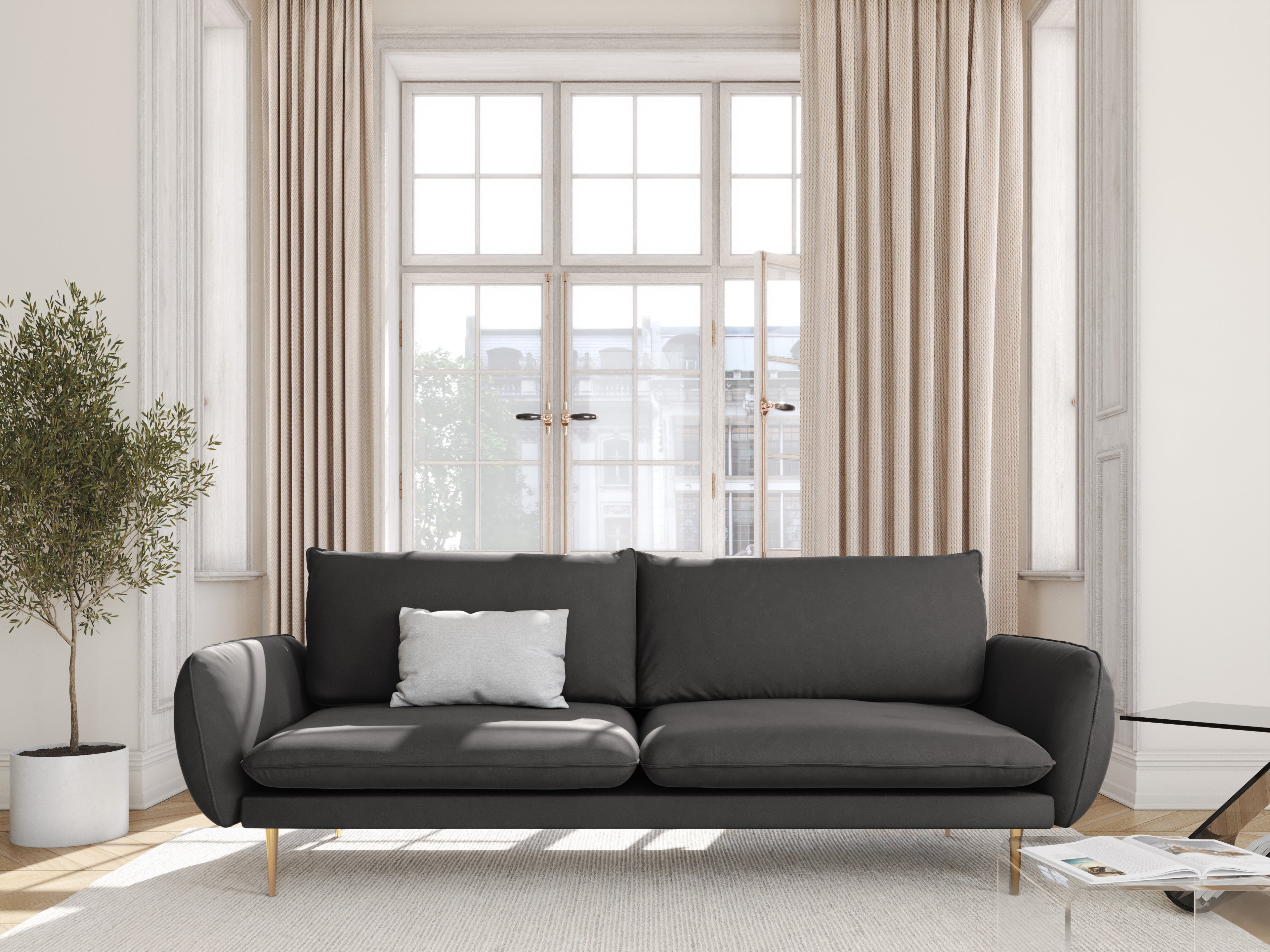 Velvet sofa for 4 people VIENNA dark gray with a gold base