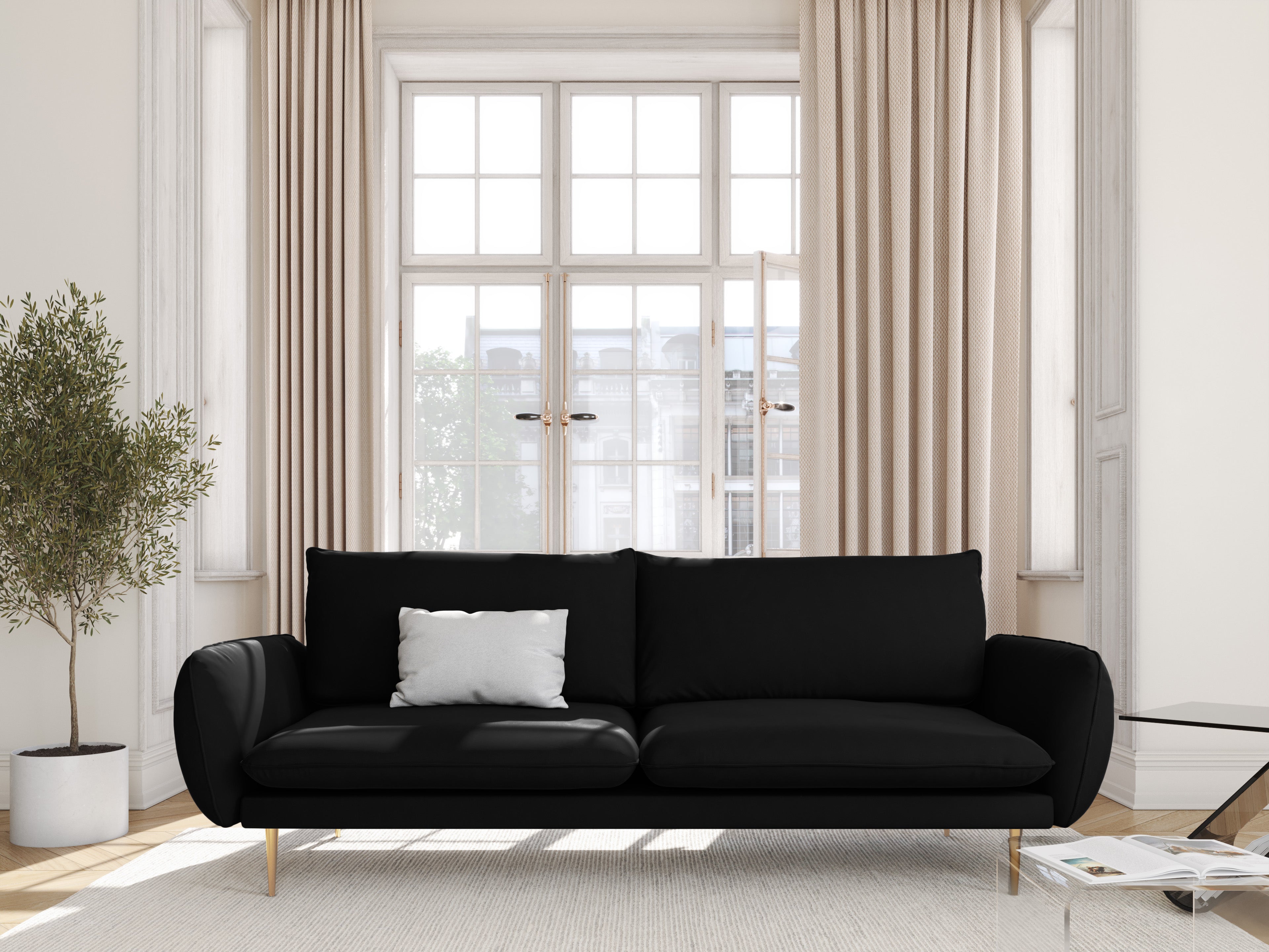Velvet sofa for 4 people VIENNA black with a gold base