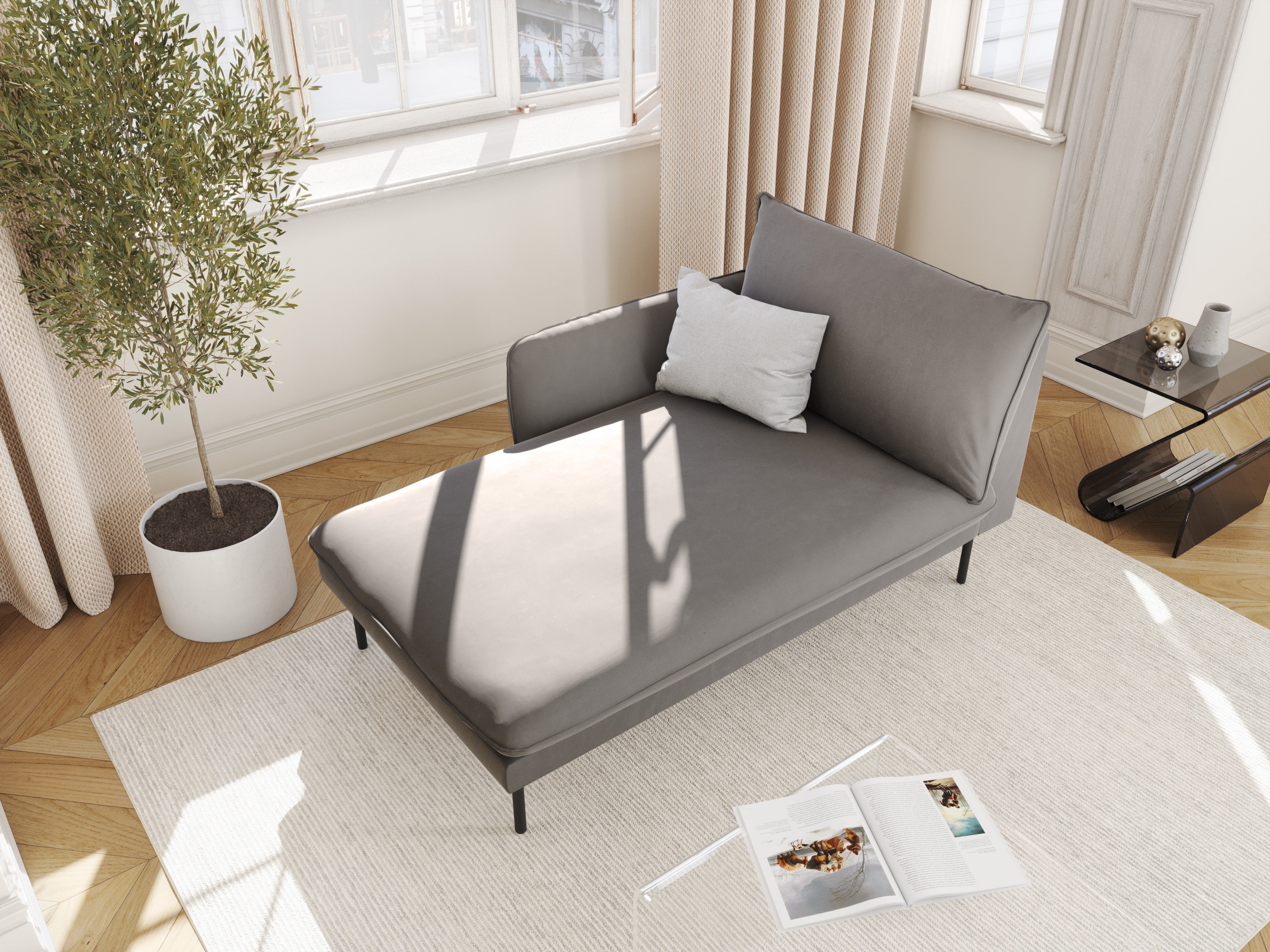 Left-facing velvet chaise longue VIENNA light gray with black base