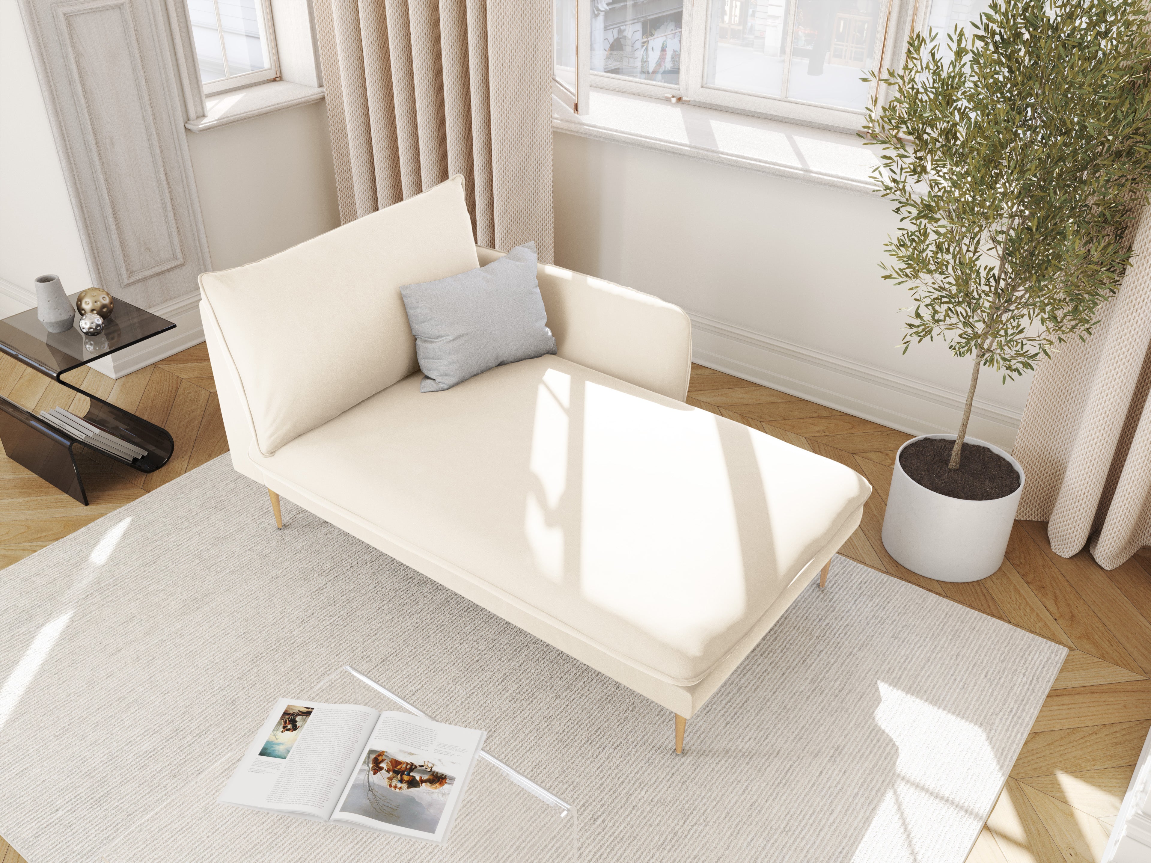 Right-facing velvet chaise longue VIENNA in beige with a gold base