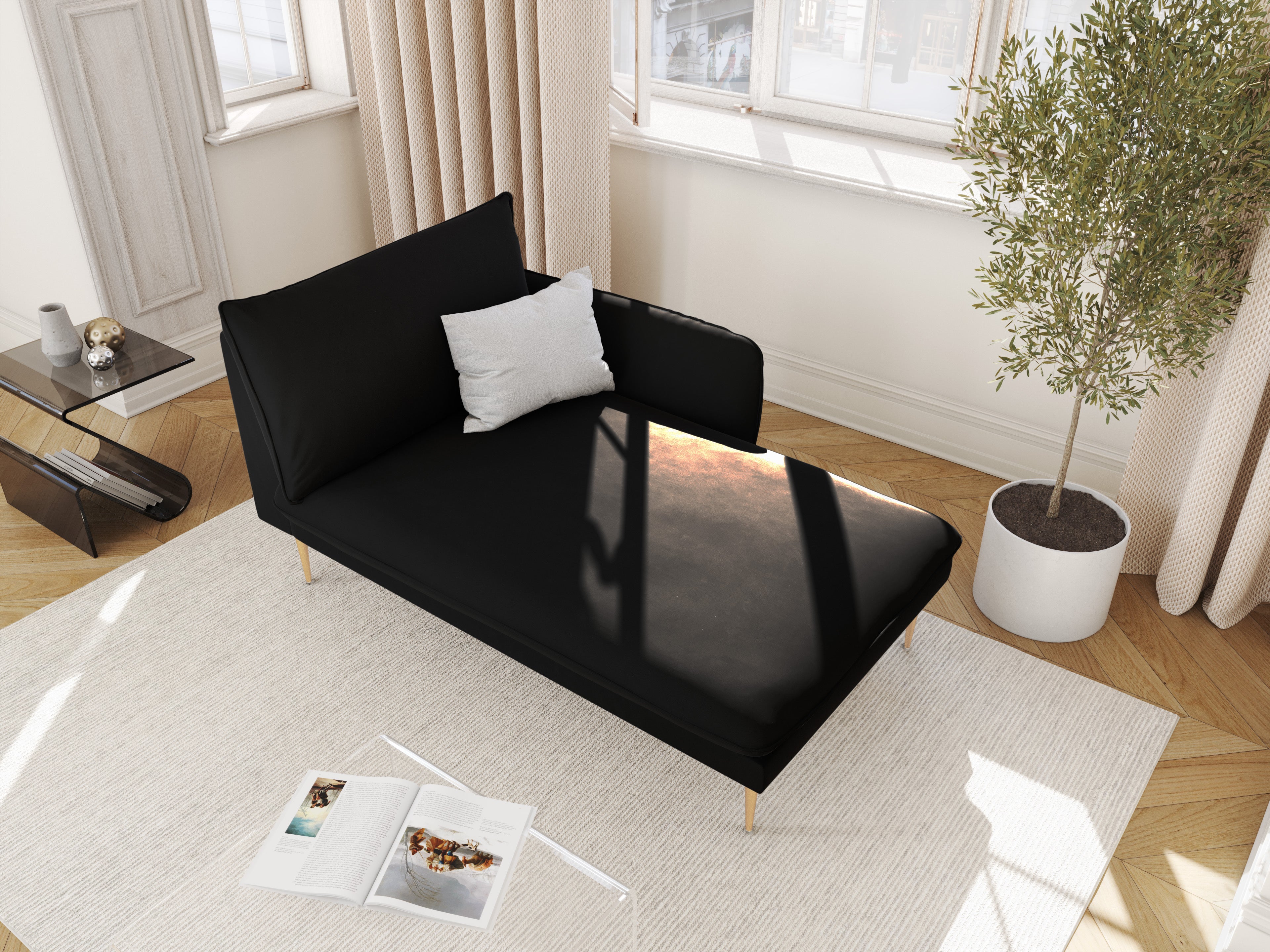 Right-facing velvet chaise longue VIENNA black with gold base