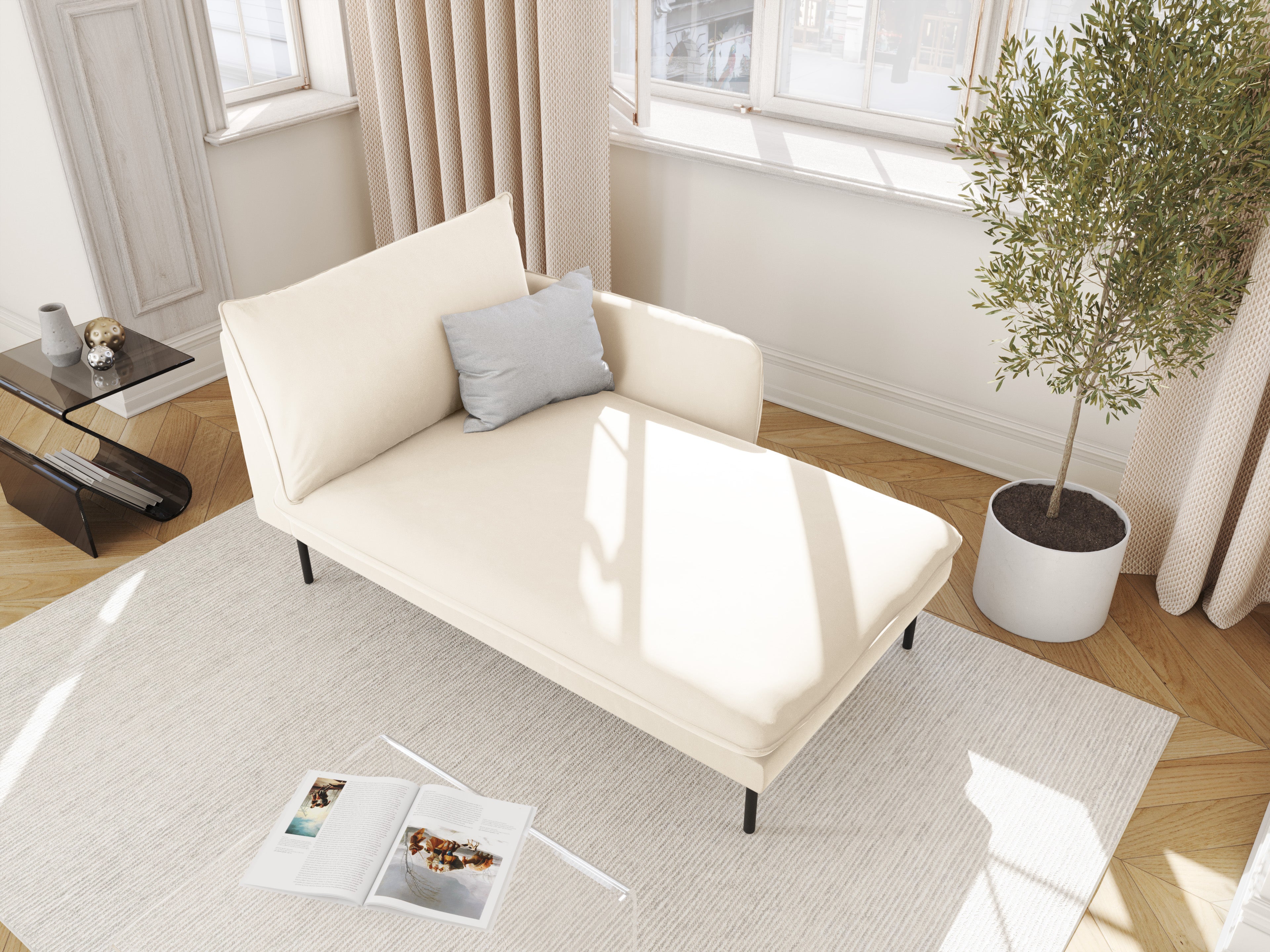 Beige Velvet Right-Hand Chaise Longue VIENNA with Black Base