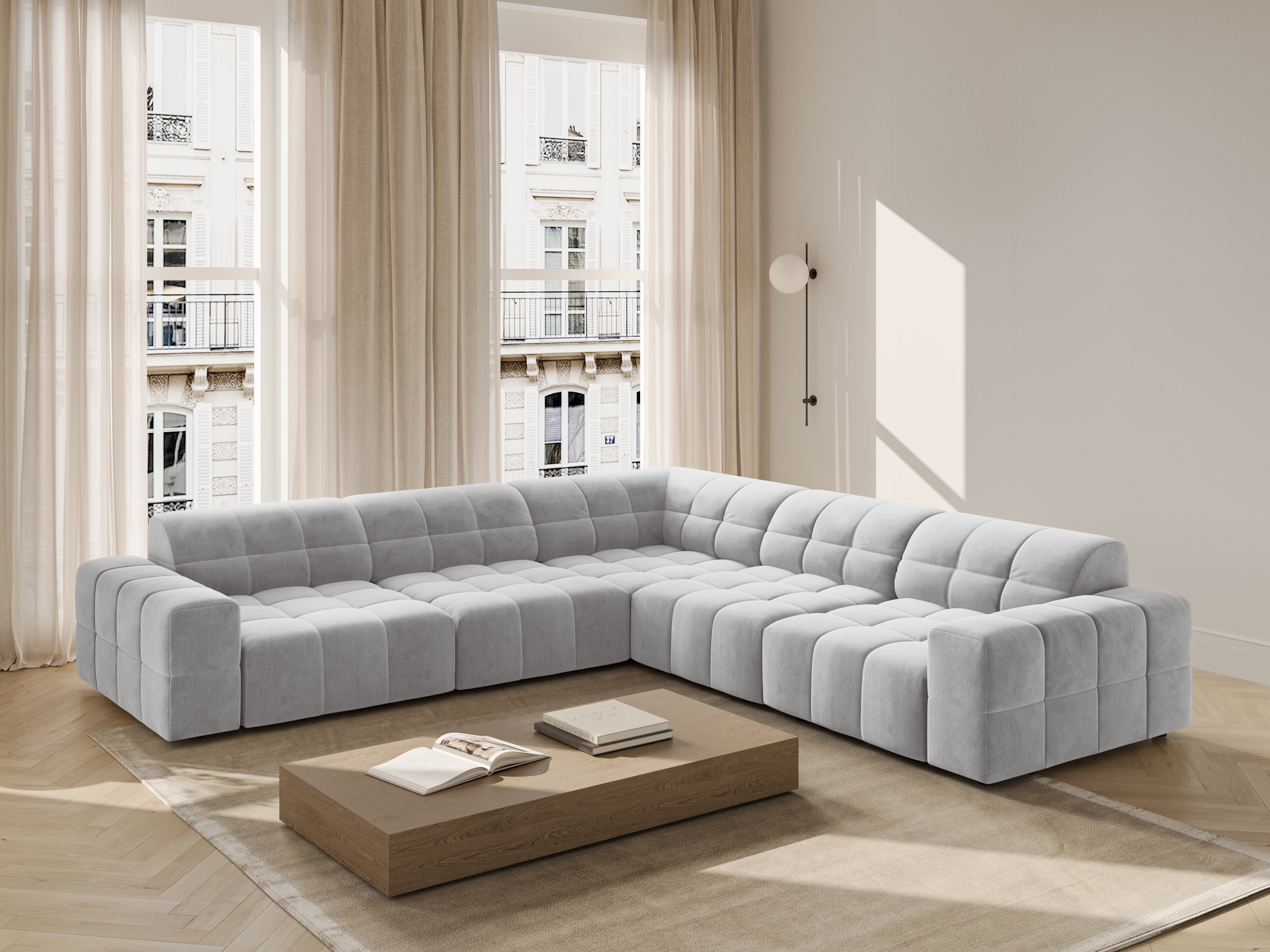 Samt-Ecksofa symmetrisch CHICAGO hellgrau