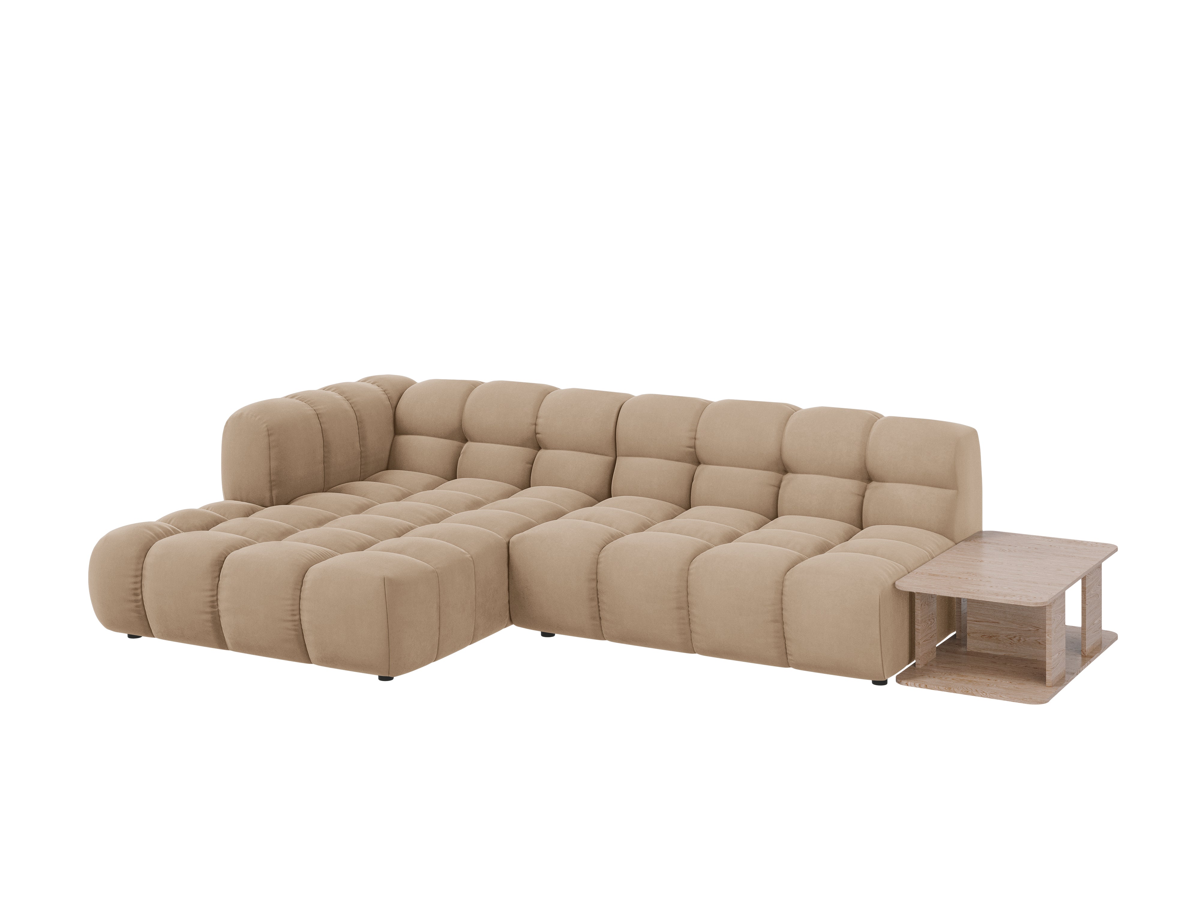 Narożnik aksamitny lewostronny 4-osobowy otwarty ze stolikiem SKY piaskowy Cosmopolitan Design Eye on Design