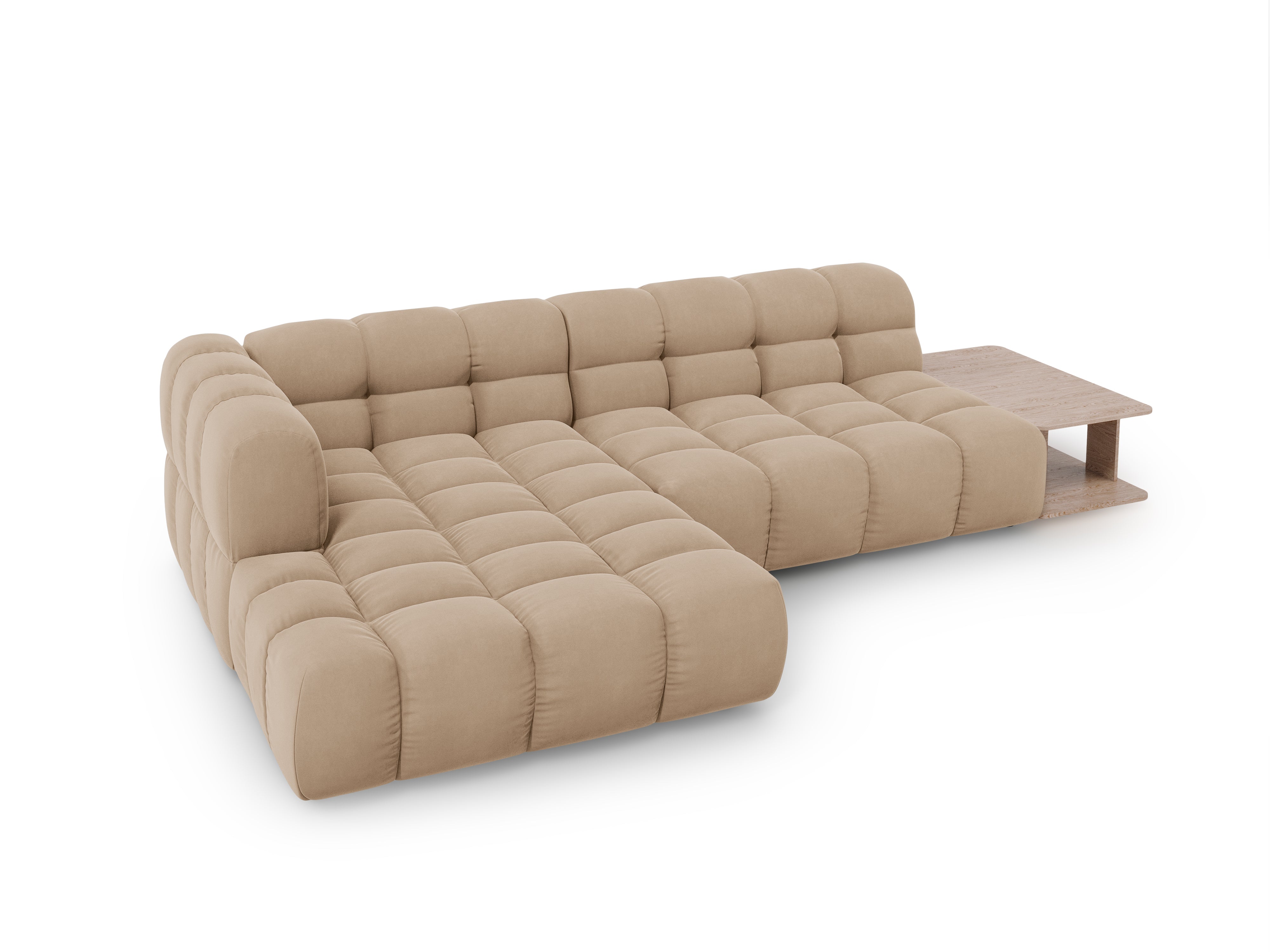 Narożnik aksamitny lewostronny 4-osobowy otwarty ze stolikiem SKY piaskowy Cosmopolitan Design Eye on Design
