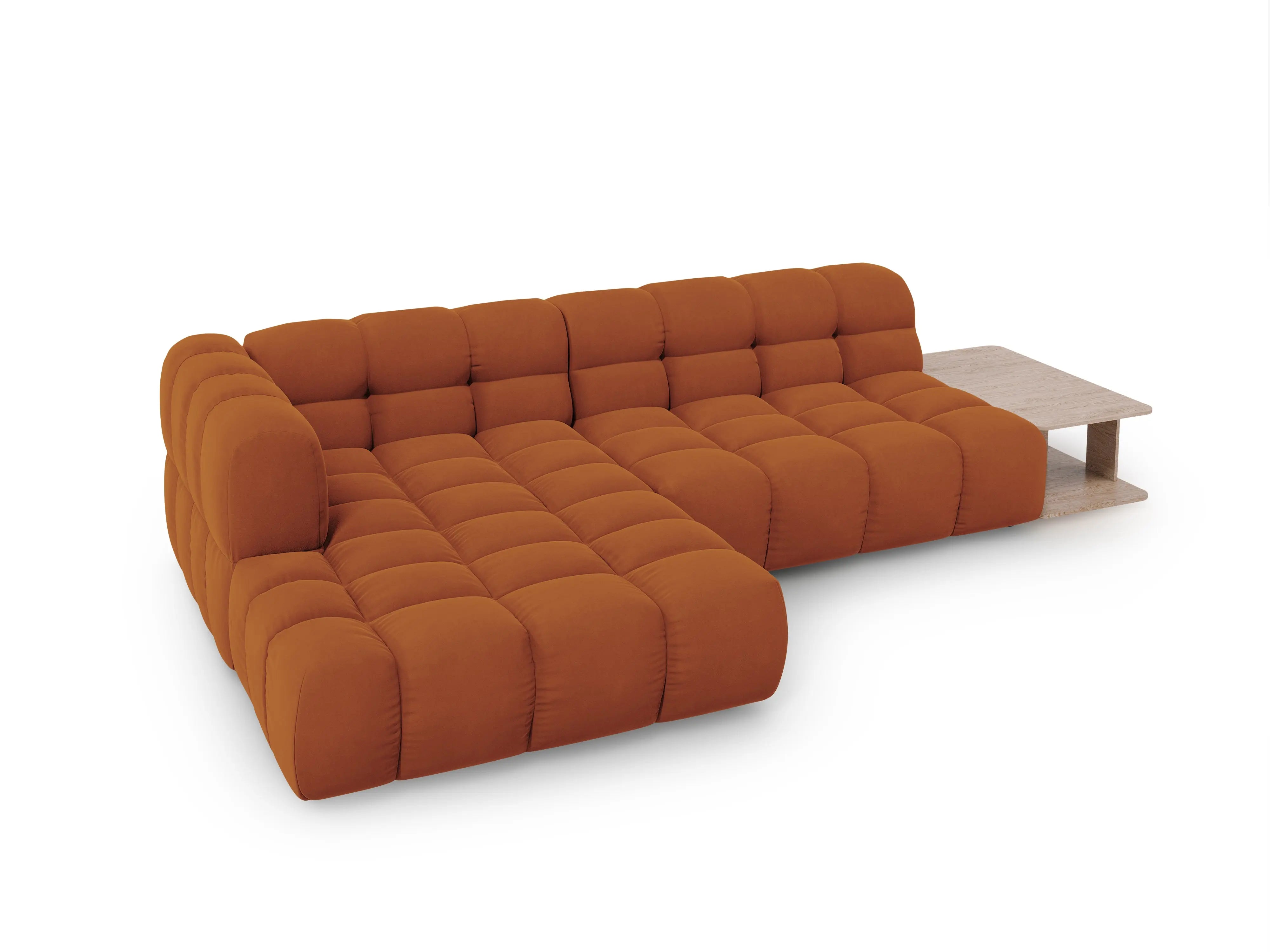Narożnik aksamitny lewostronny 4-osobowy otwarty ze stolikiem SKY terracotta – Cosmopolitan Design