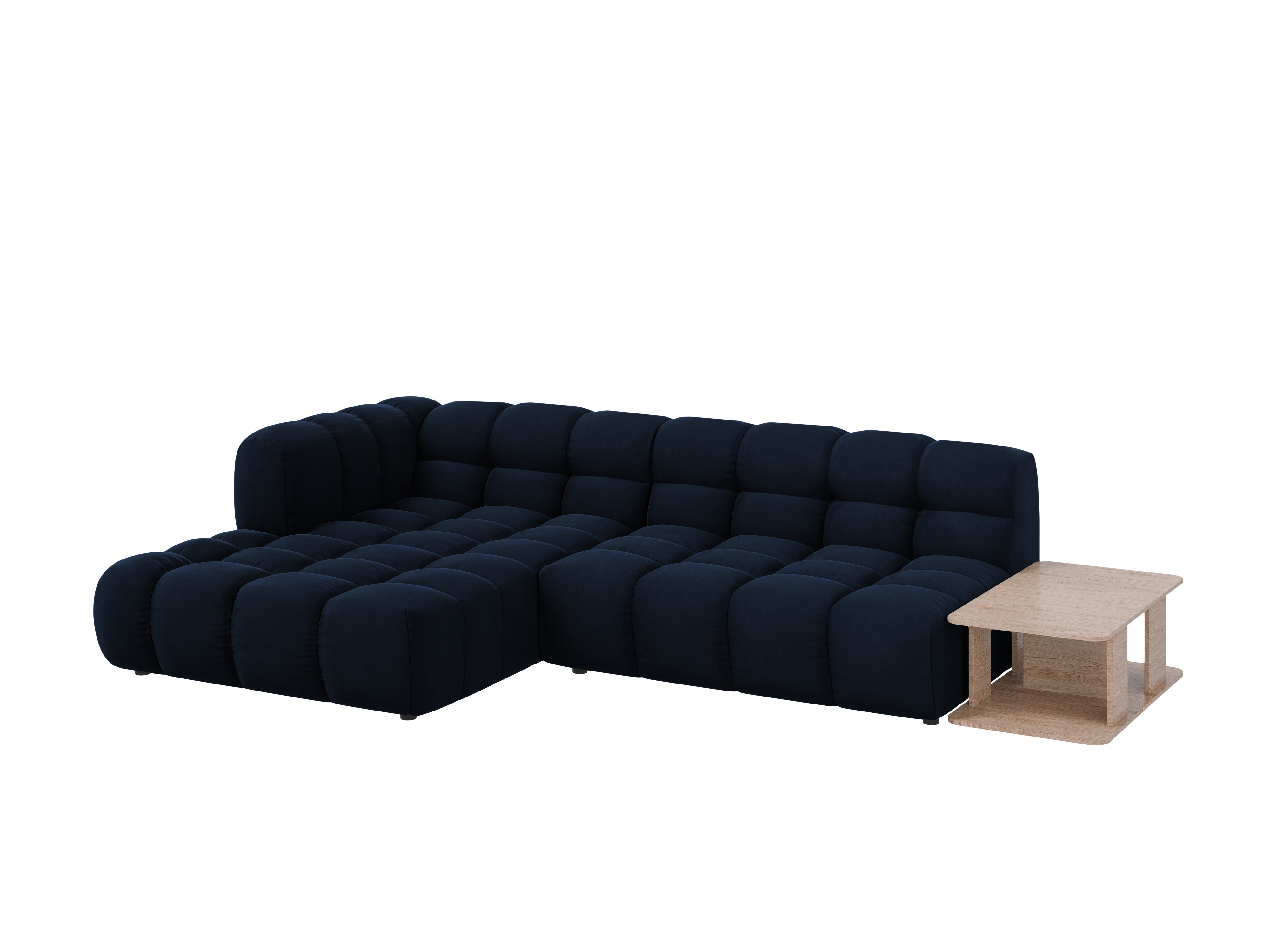 Narożnik aksamitny lewostronny 4-osobowy otwarty ze stolikiem SKY granat królewski Cosmopolitan Design Eye on Design