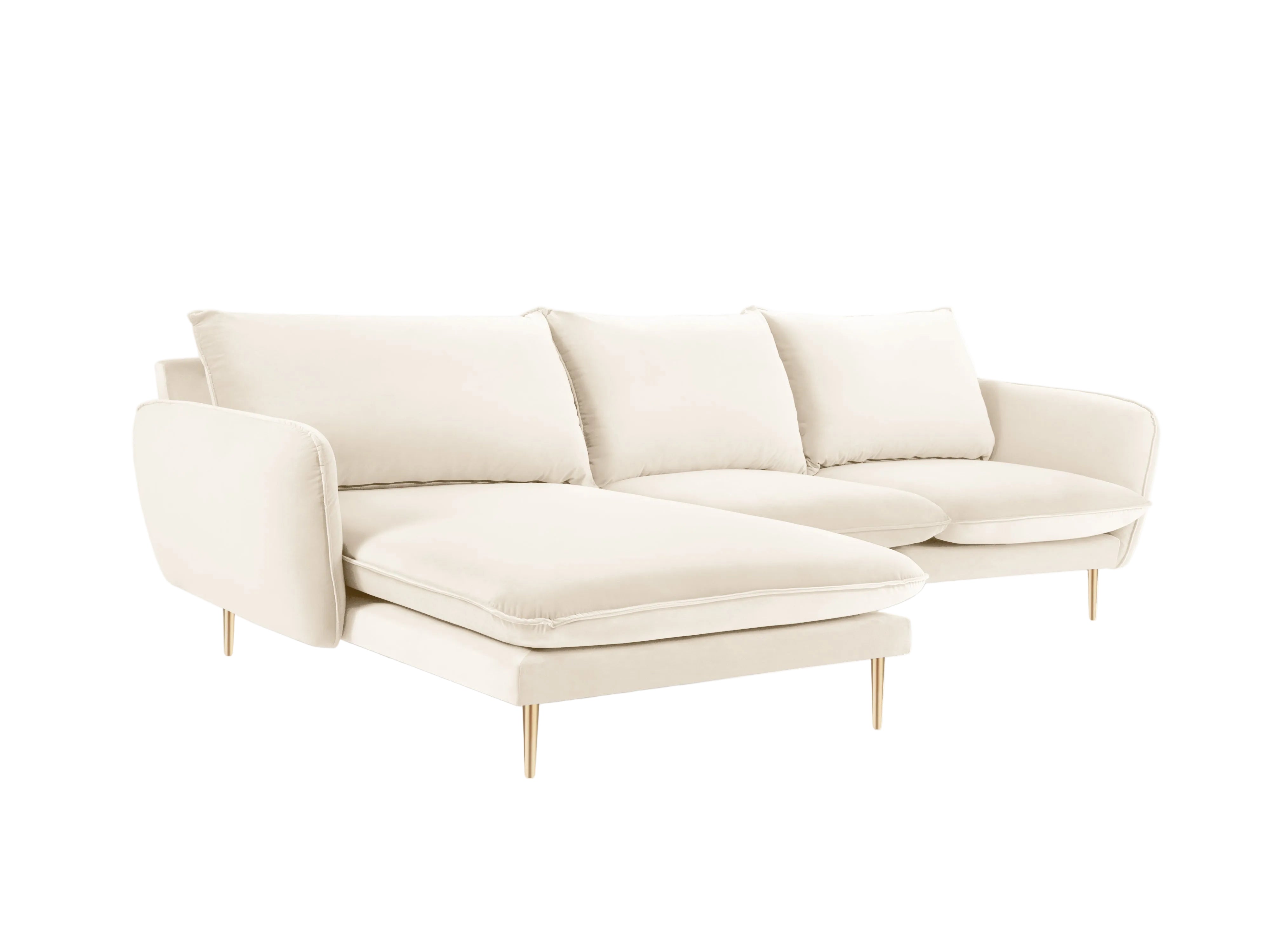 Left-facing velvet corner sofa for 5 people VIENNA in beige with a gold base