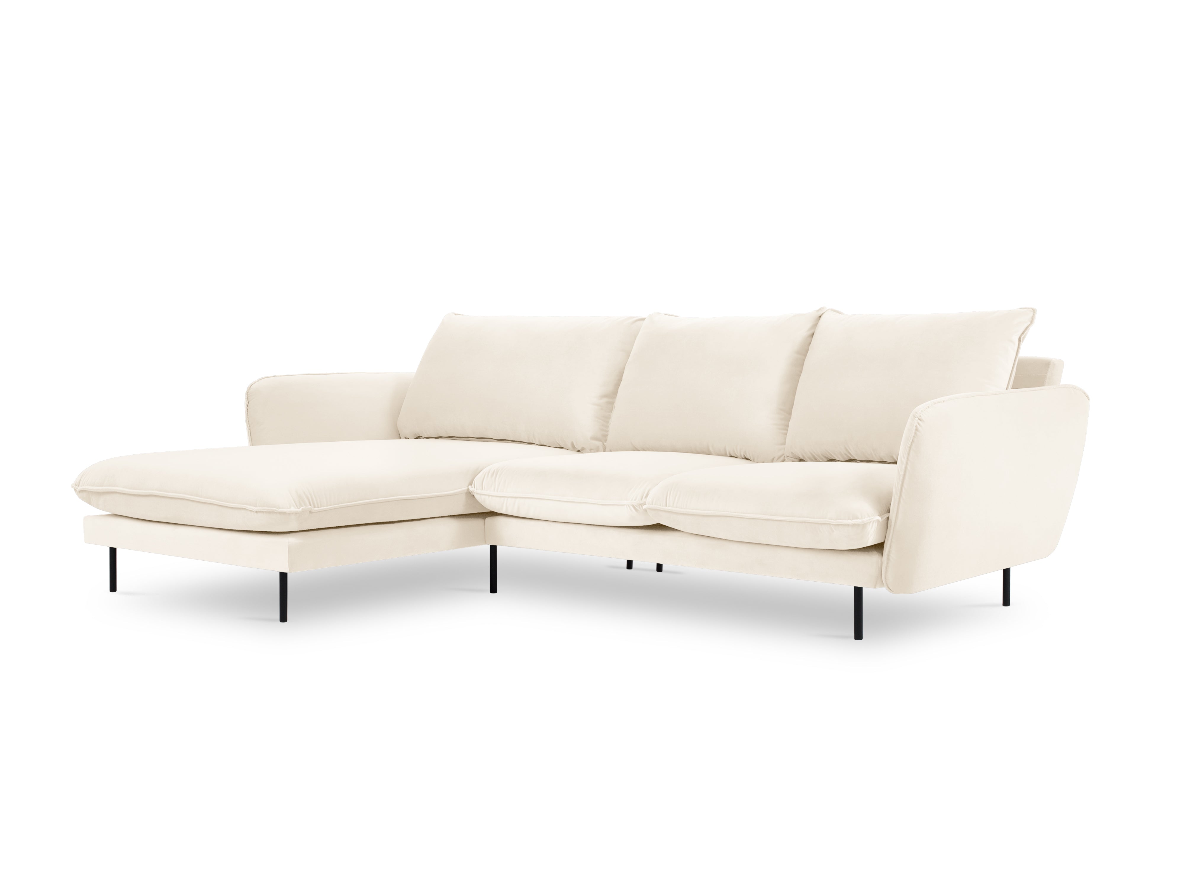 Left-facing velvet corner sofa for 5 people VIENNA in beige with a black base
