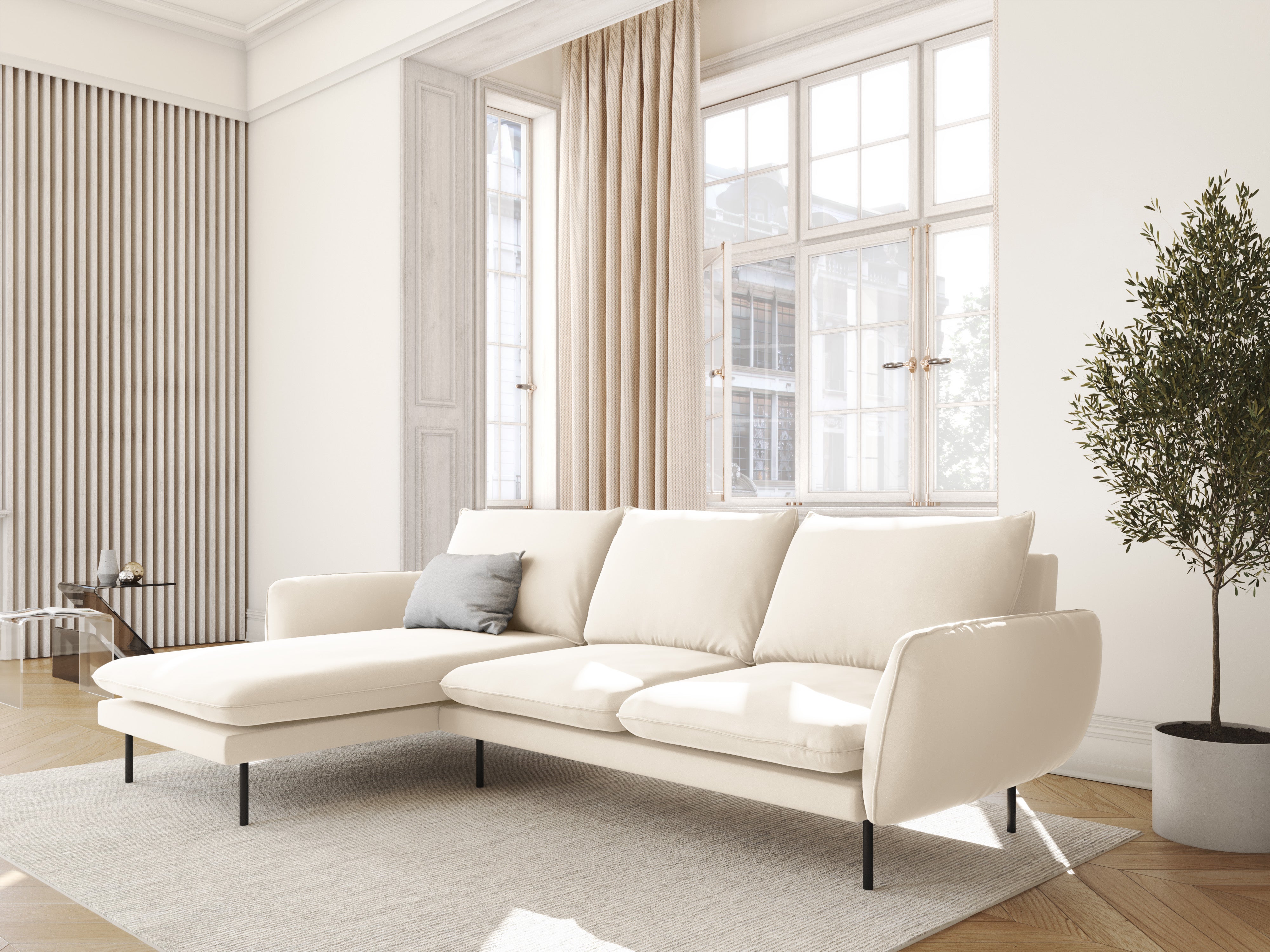 Left-facing velvet corner sofa for 5 people VIENNA in beige with a black base