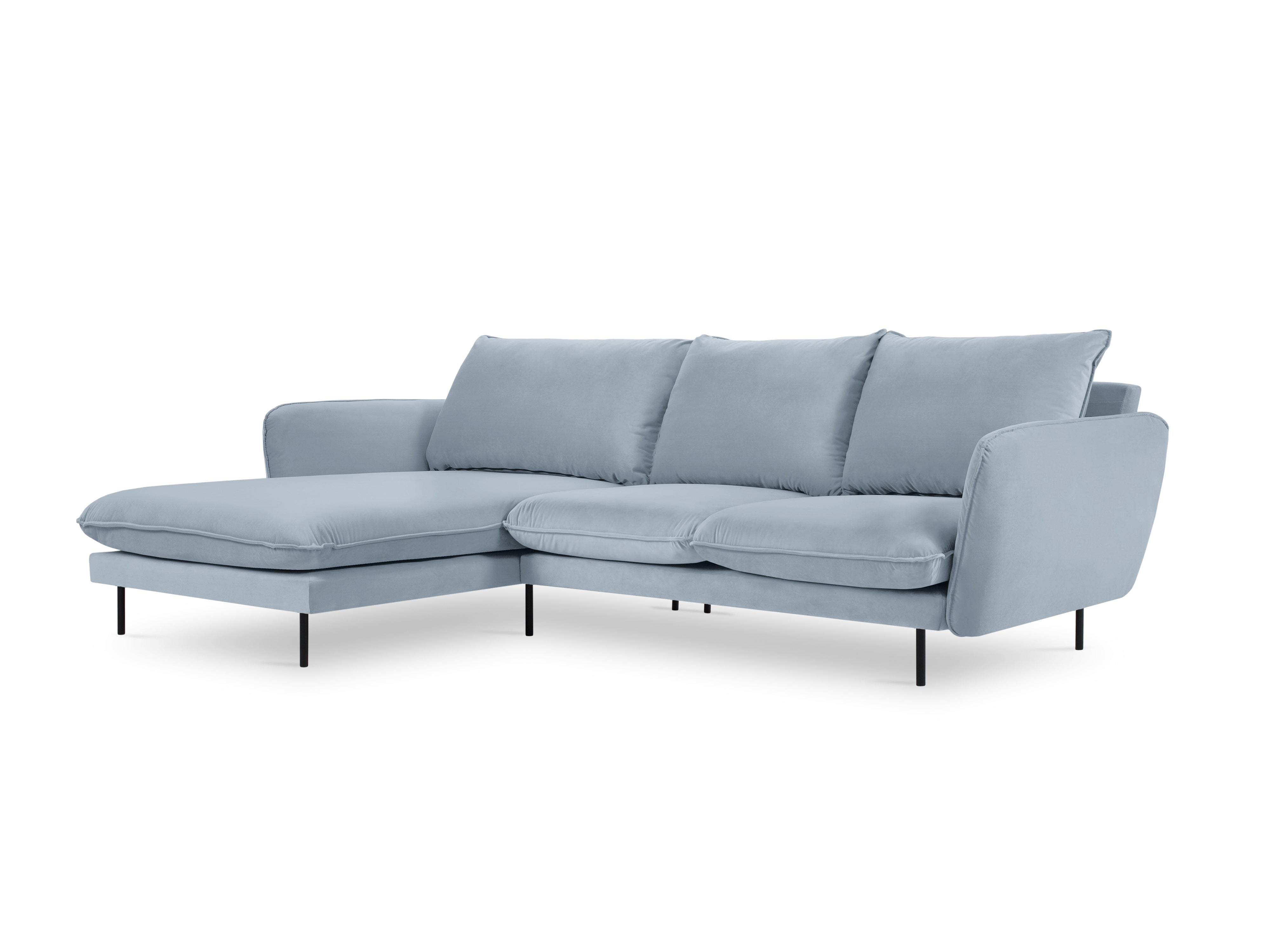 Left-facing velvet corner sofa for 5 people VIENNA light blue with black base