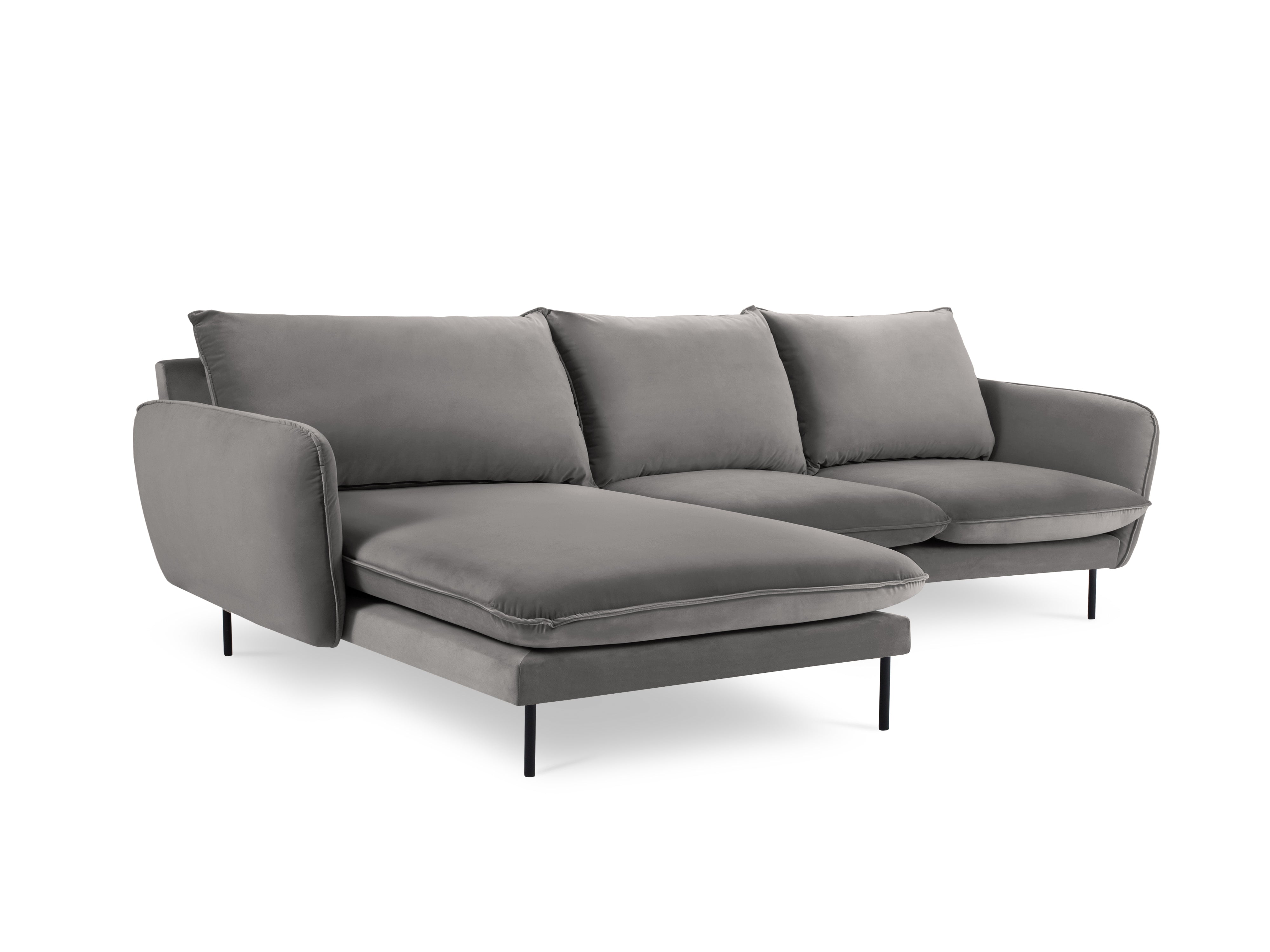 Left-facing velvet corner sofa for 5 people VIENNA in light gray with a black base