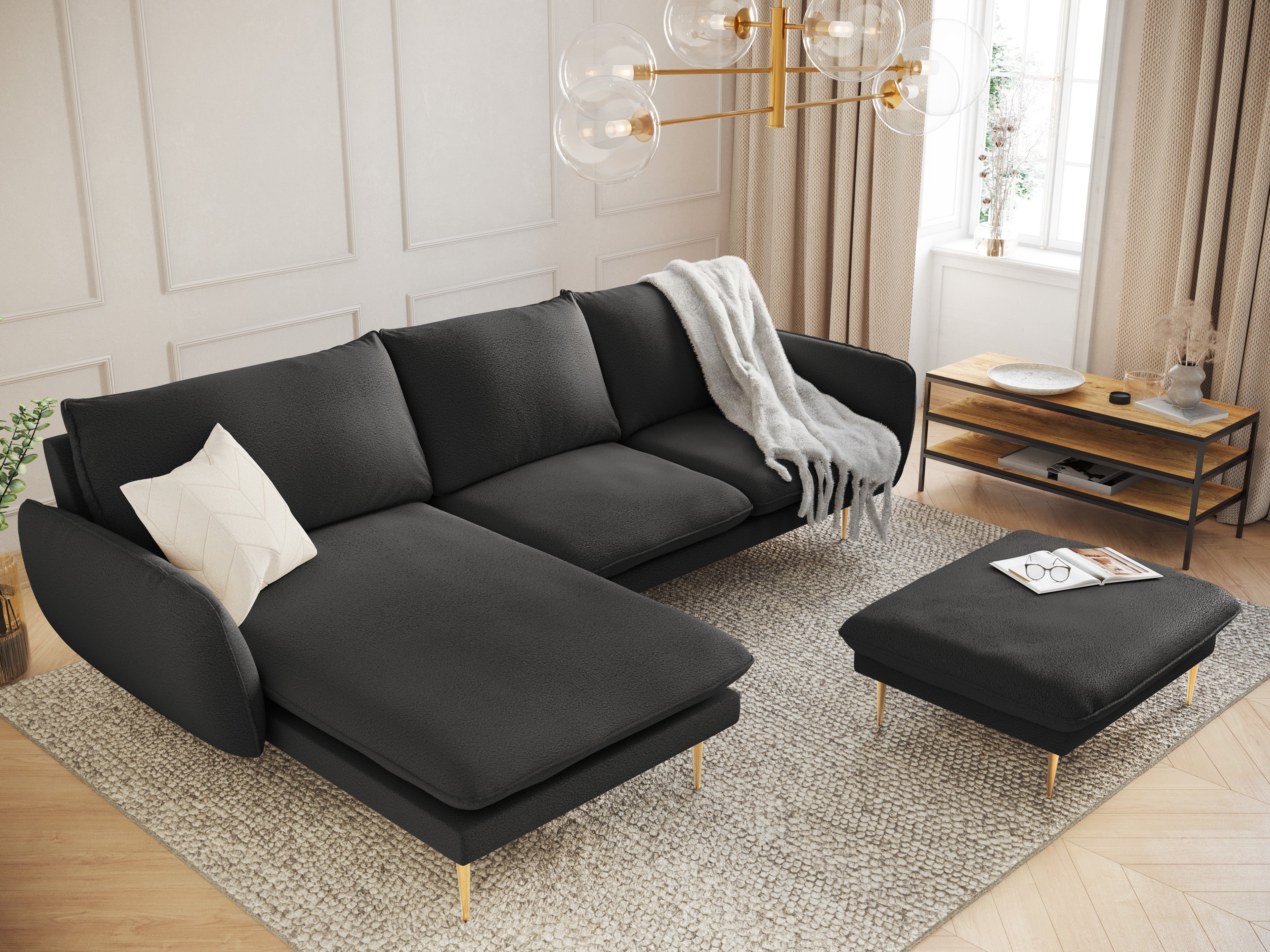 Left-facing 6-seater corner sofa VIENNA in black boucle with a gold base
