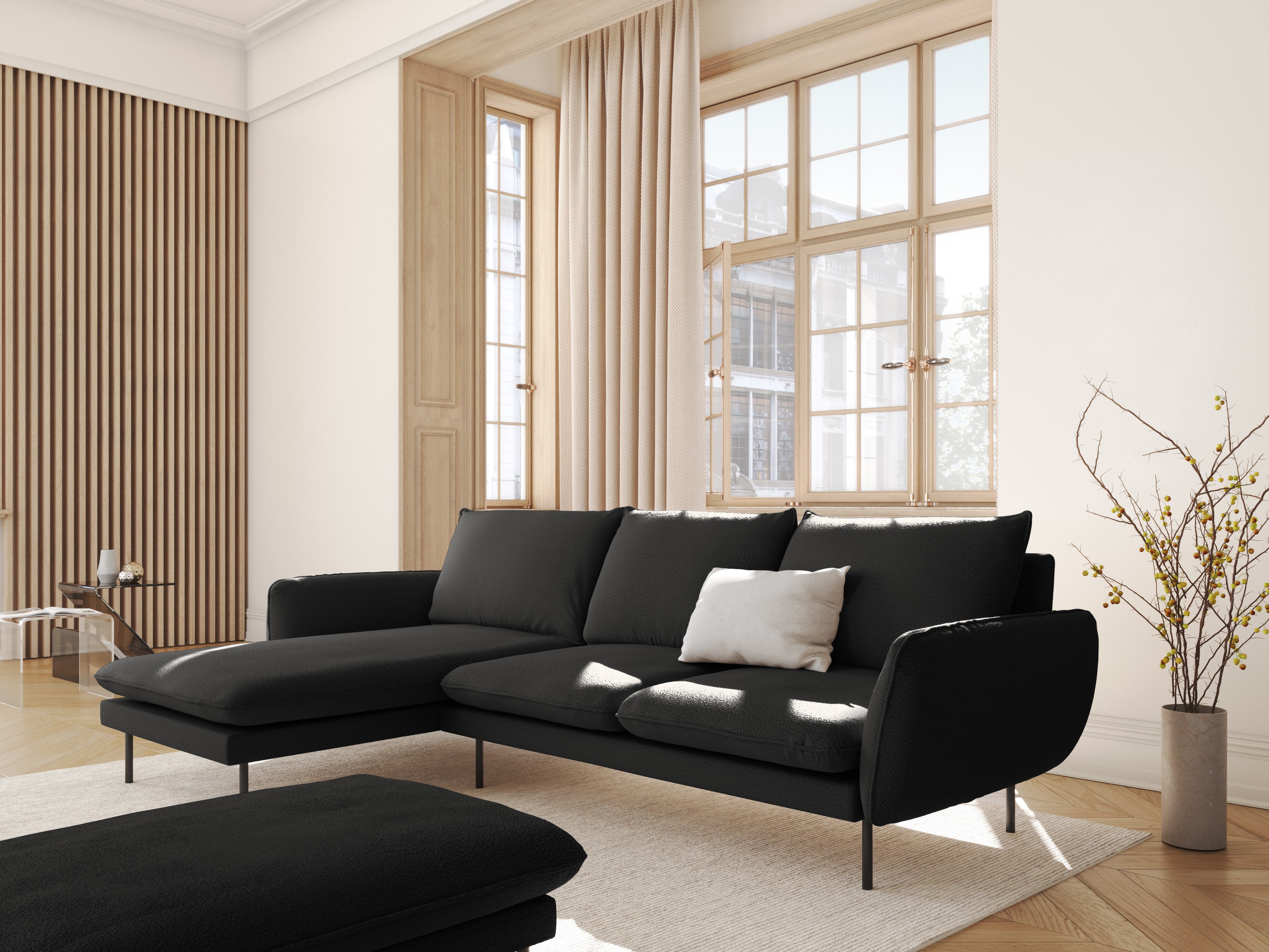 Left-facing 6-seater corner sofa VIENNA in black boucle with a black base