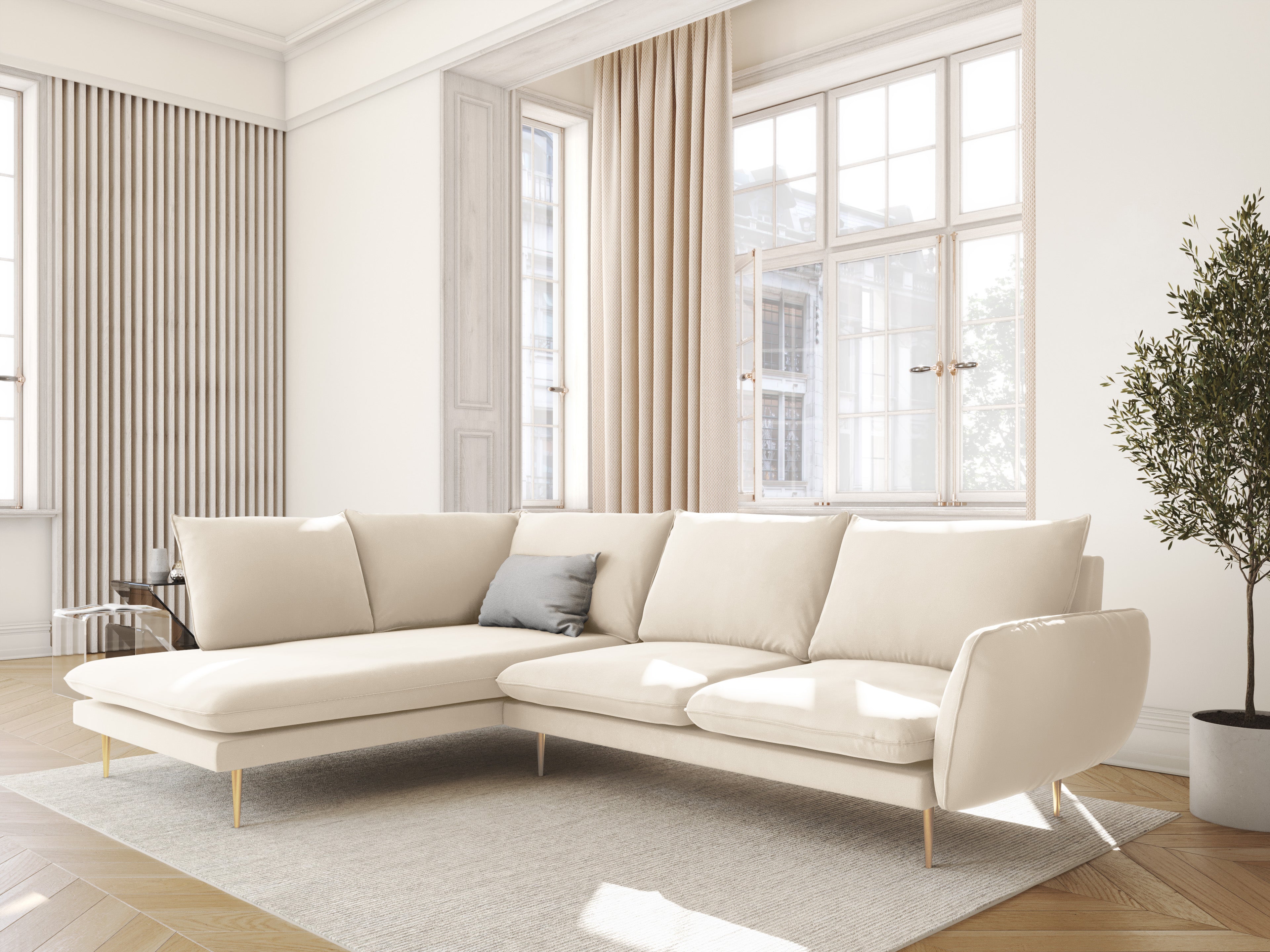 Samt-Ecksofa für 6 Personen links VIENNA beige mit goldenem Fuß