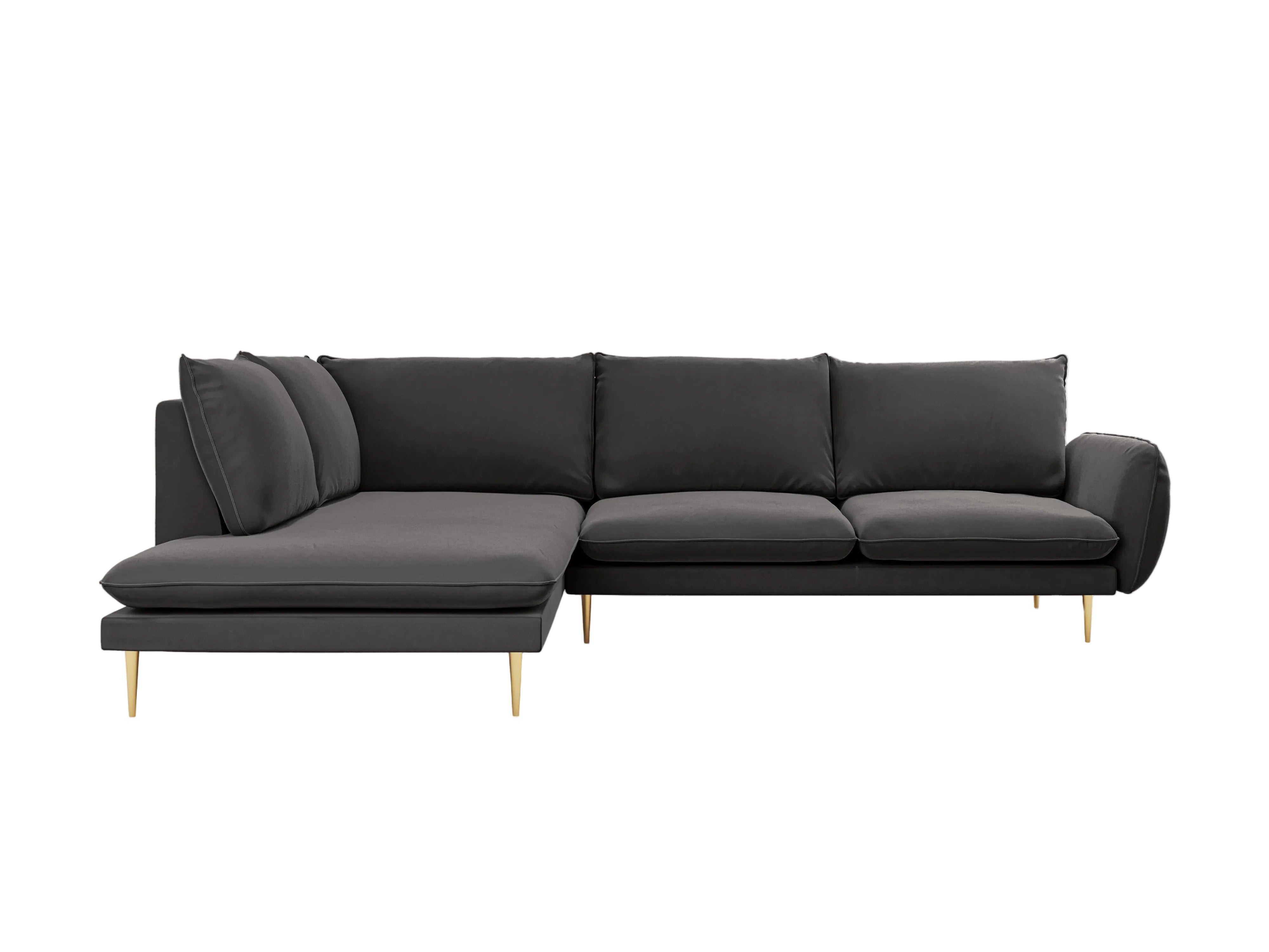 Left-facing velvet corner sofa for 5 people VIENNA in dark gray with a gold base