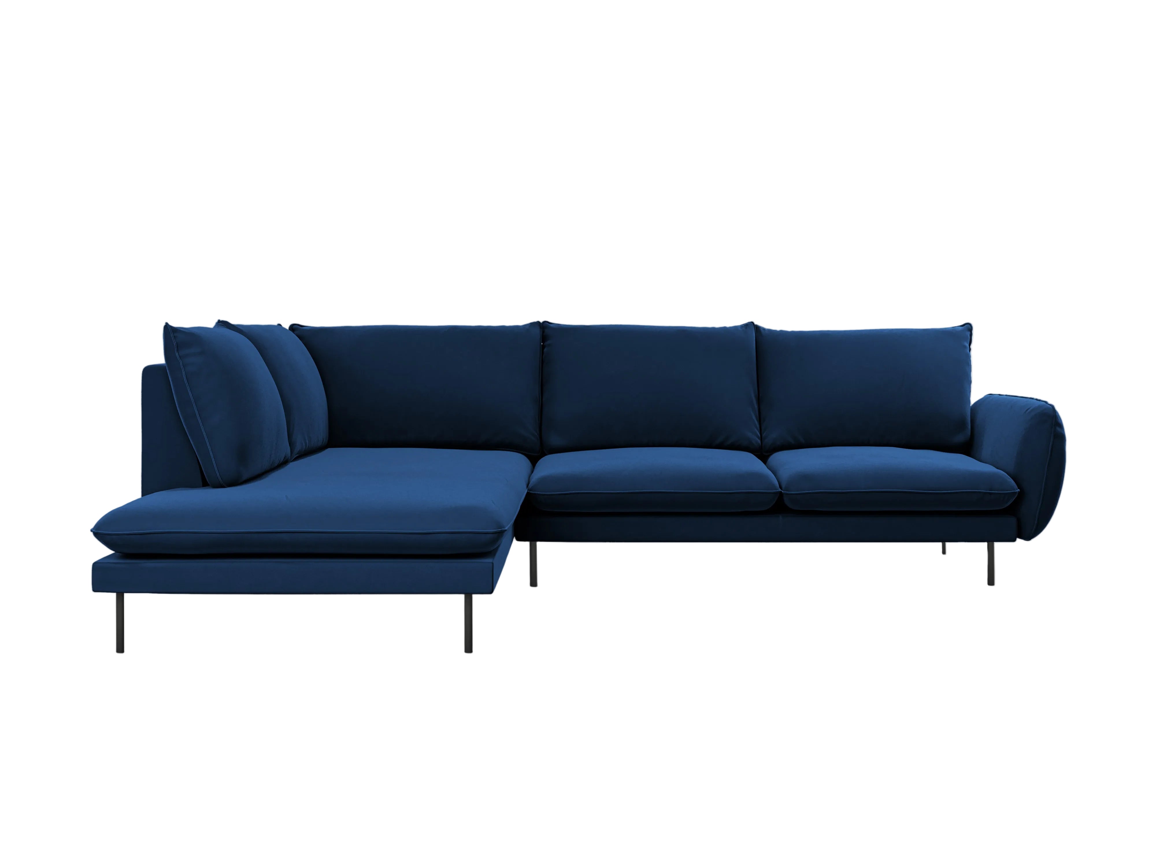 Left-facing velvet corner sofa for 5 people VIENNA in royal blue with a black base