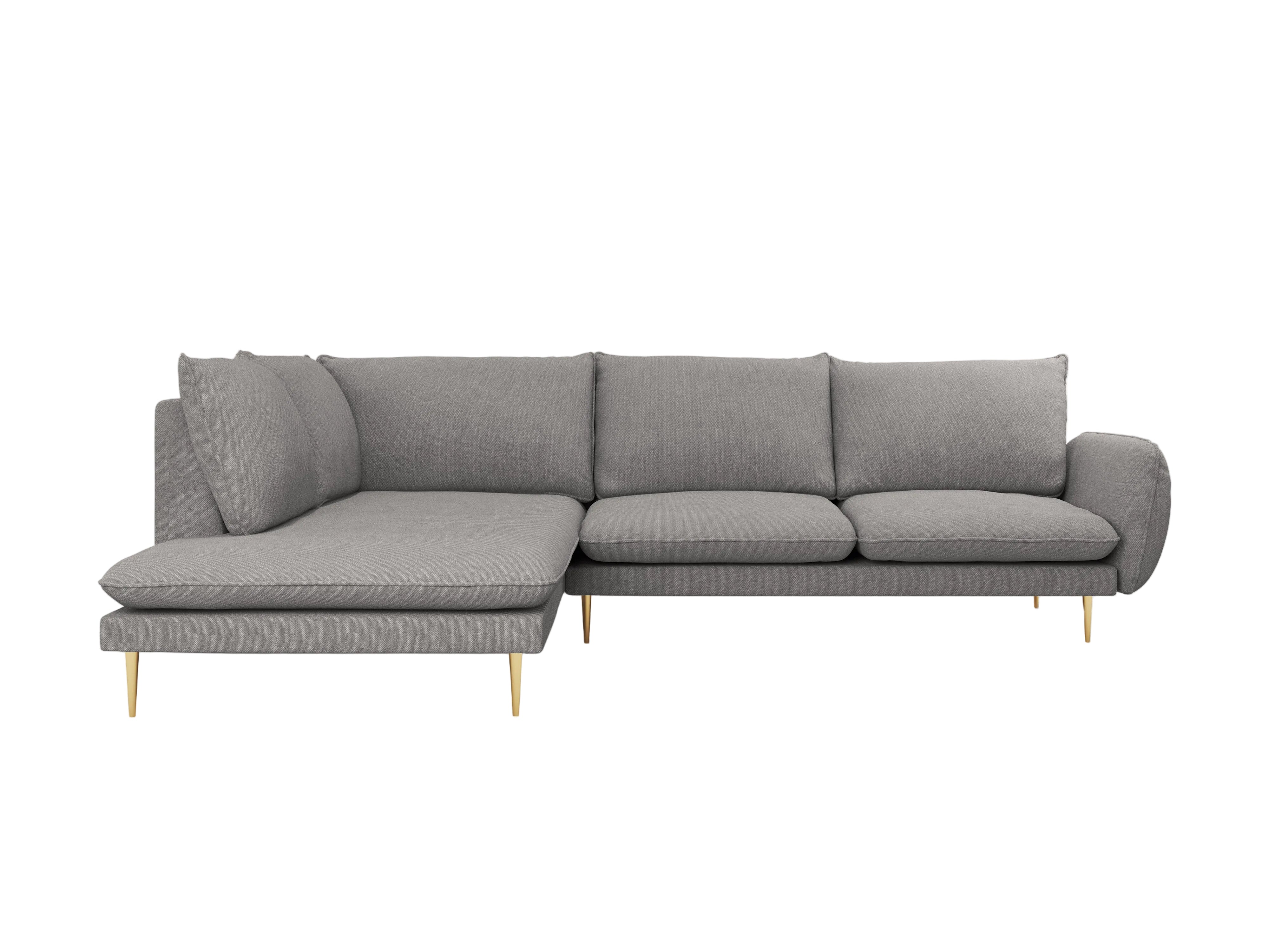 Left-facing 6-seater corner sofa VIENNA in gray chenille with a gold base