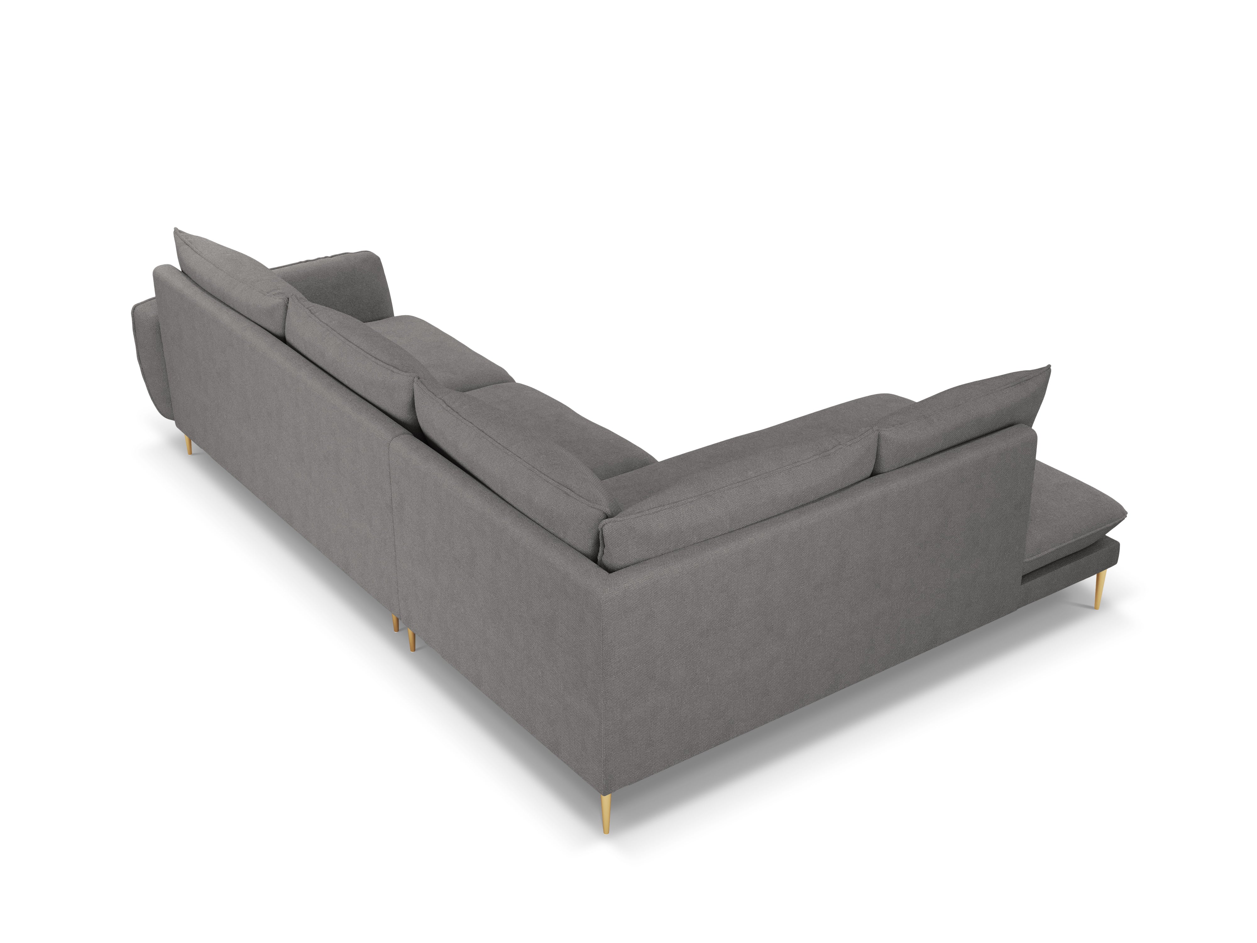 Left-facing 6-seater corner sofa VIENNA in gray chenille with a gold base