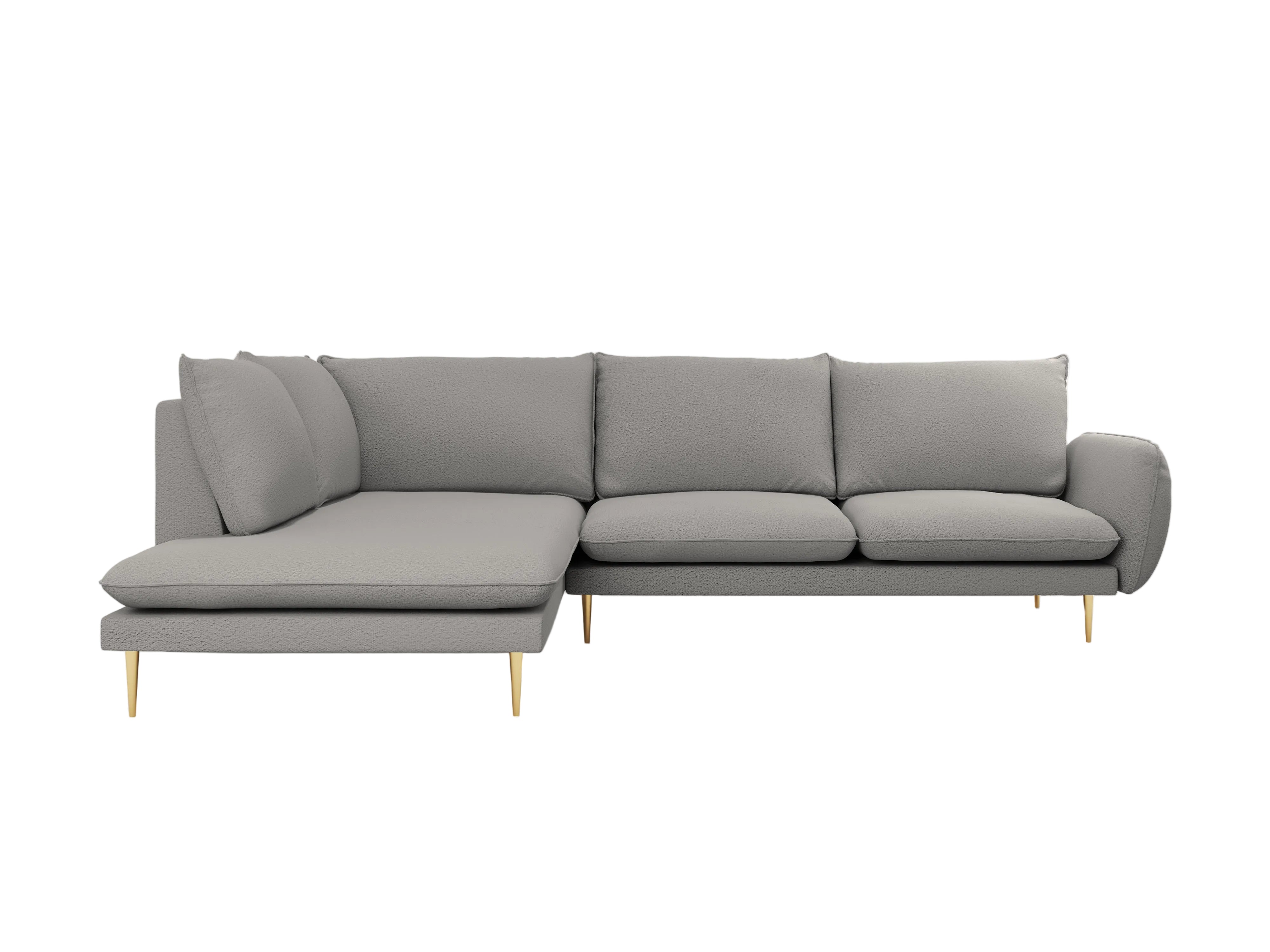Left-facing 6-seater corner sofa VIENNA in gray boucle with a gold base