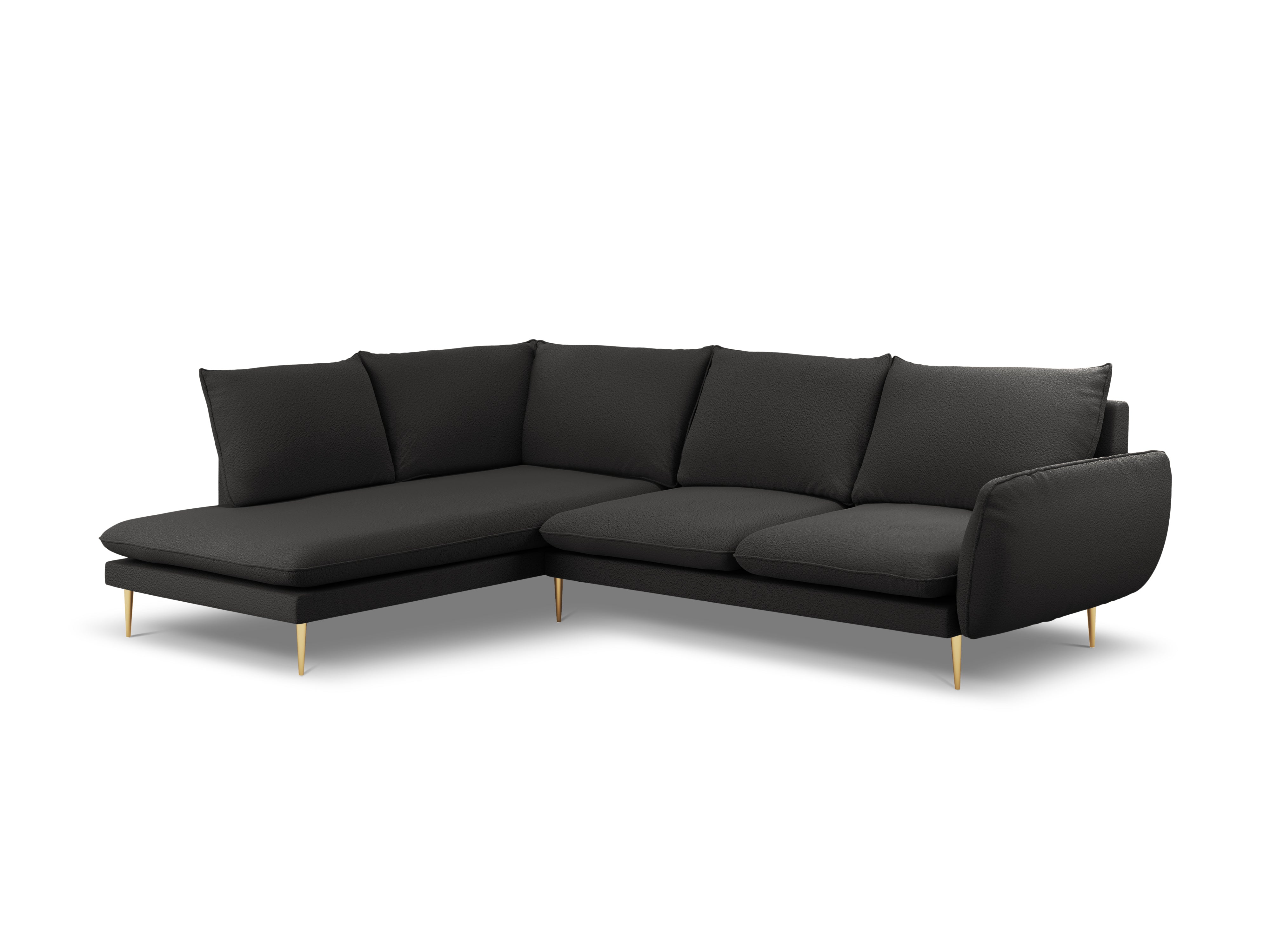 Left-facing 6-seater corner sofa VIENNA in black boucle with a gold base