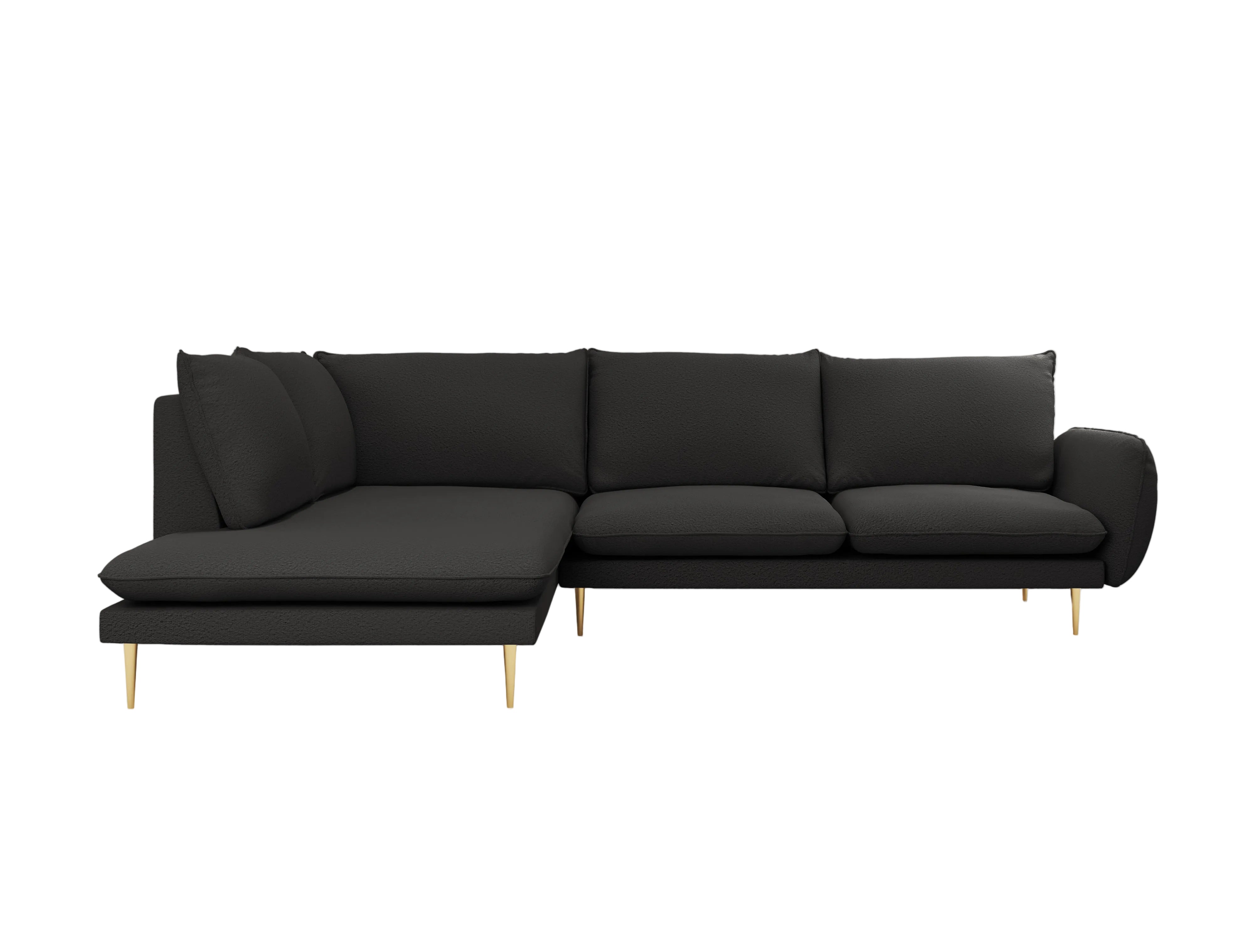Left-facing 6-seater corner sofa VIENNA in black boucle with a gold base