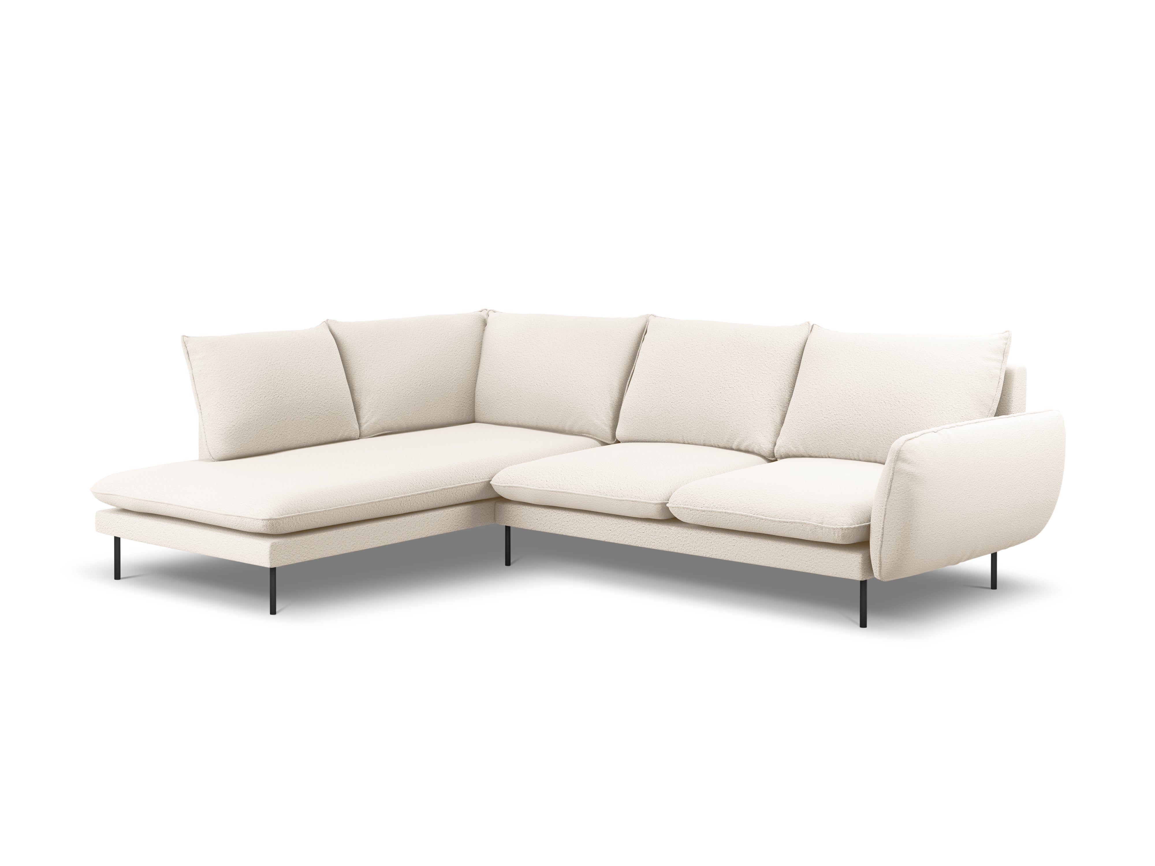 Left-facing 6-seater corner sofa VIENNA in beige boucle with a black base