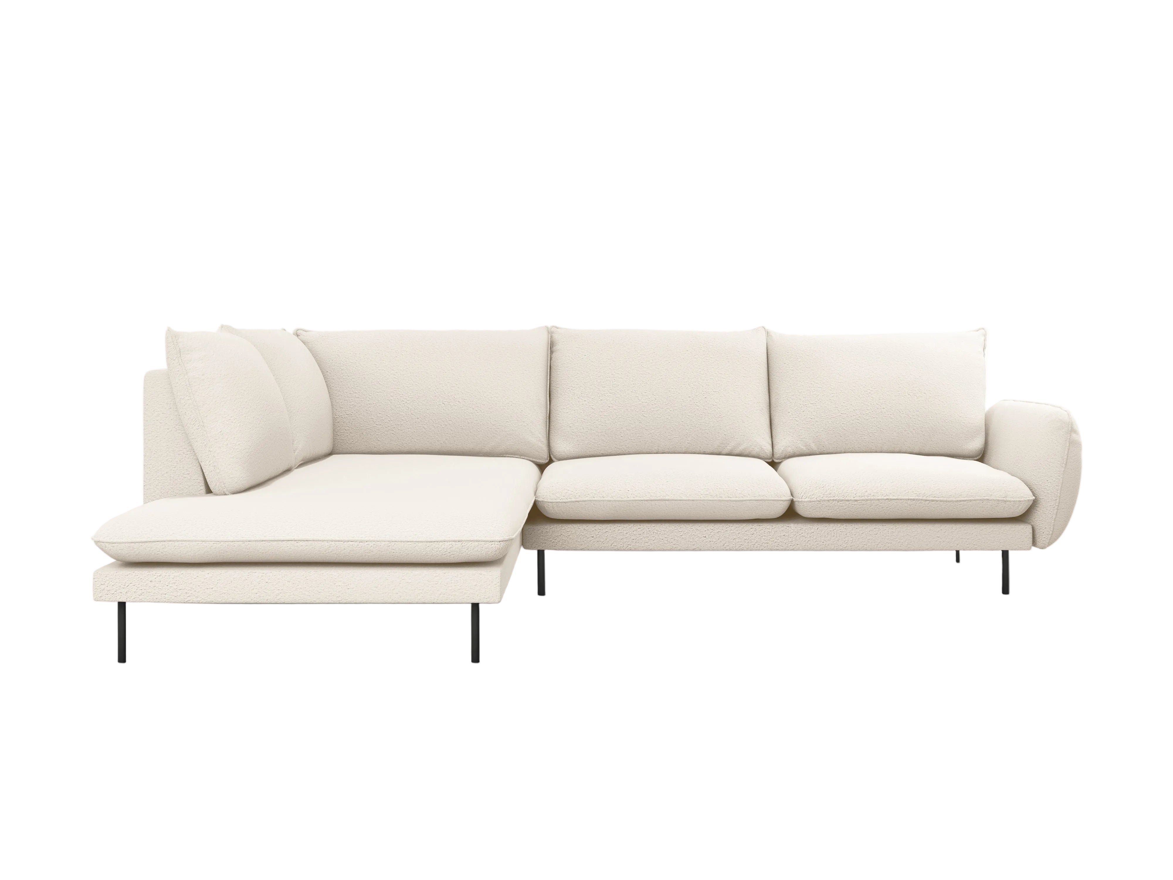 Left-facing 6-seater corner sofa VIENNA in beige boucle with a black base