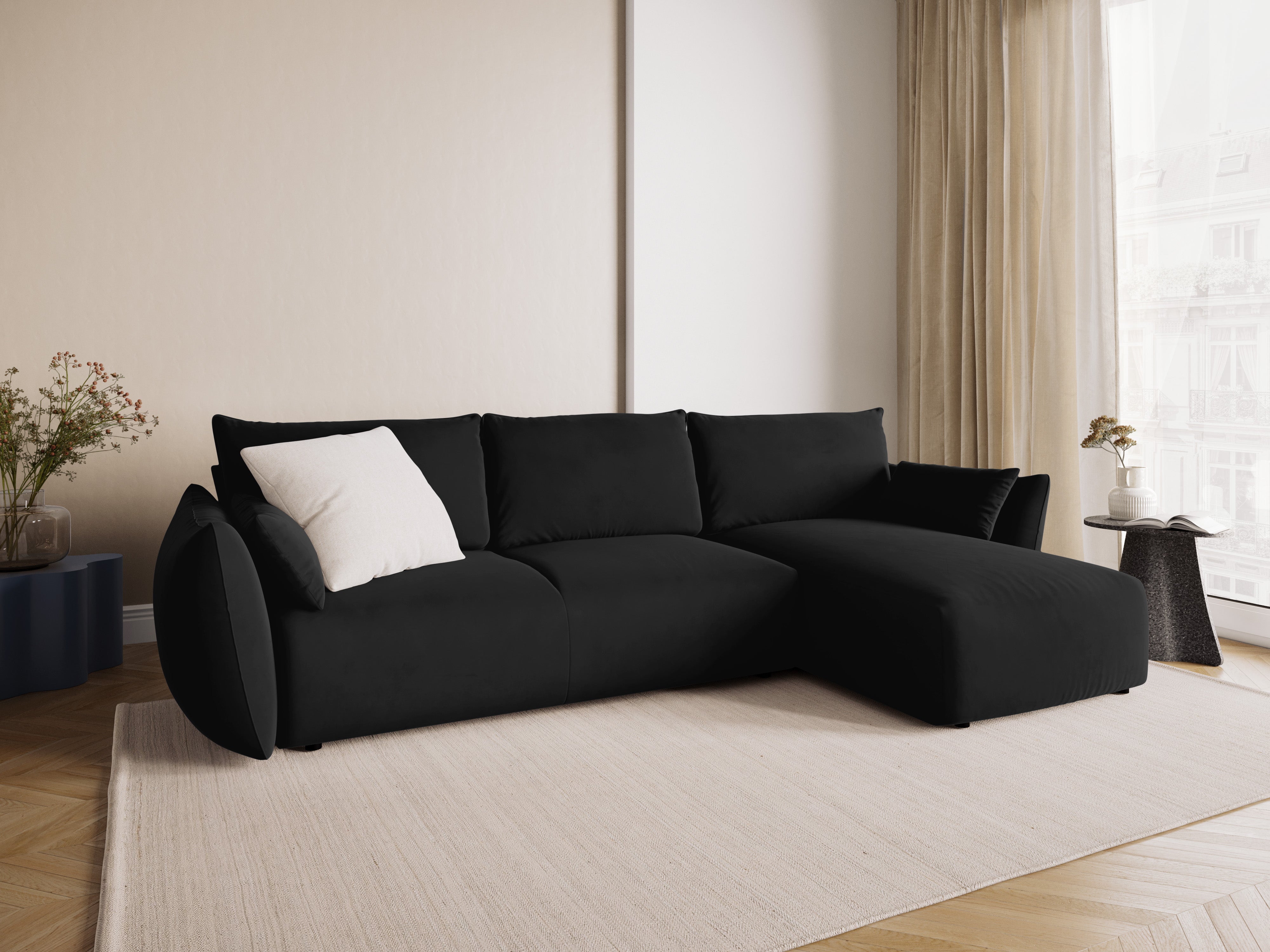 Rechtes Samt-Ecksofa mit Schlaffunktion MATERA schwarz